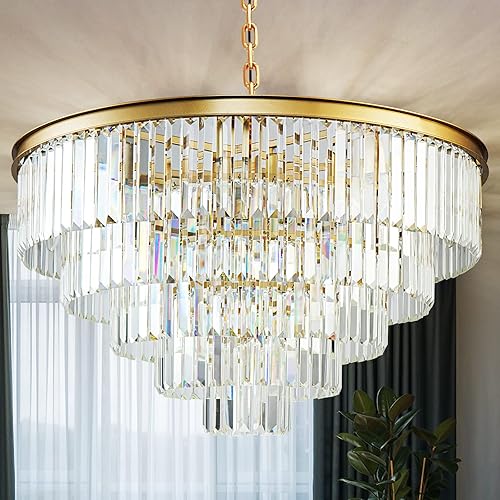 Miniatura 1 de Candelabro de cristal moderno dorado, 5 niveles de montaje empotrado, lámpara colgante de altura ajustable para comedor, sala de estar, dormitorio,