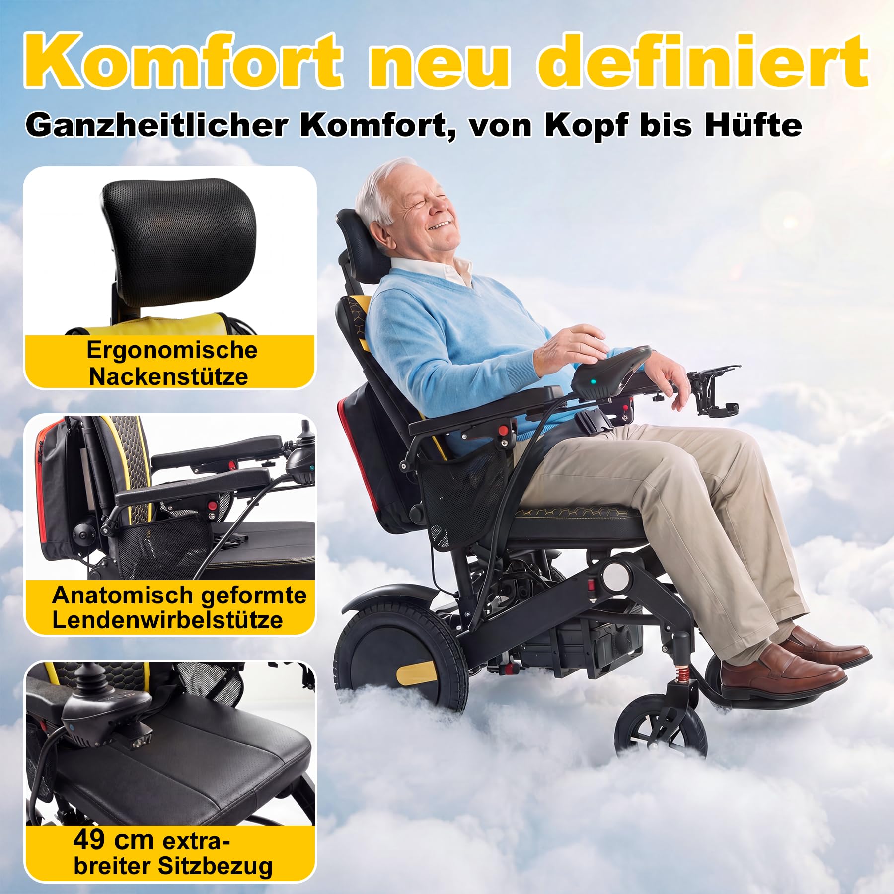 Elektrischer Rollstuhl 40 km Reichweite mit Liegefunktion | Faltbar, Extra-breiter Sitzbezug, Intelligente Fernbedienung, Intelligente Bremse, Ergonomisch