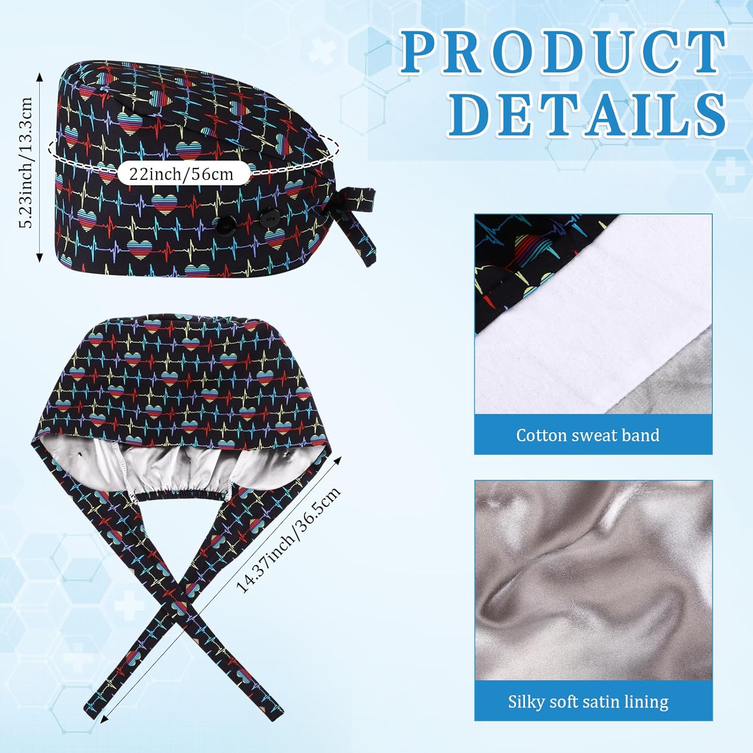 Unittype 4 Pcs Satin Lined Nurse Caps for Women Nursing Bouffant Working Caps with Button and Sweatband Adjustable Scrub Hats - Image 4