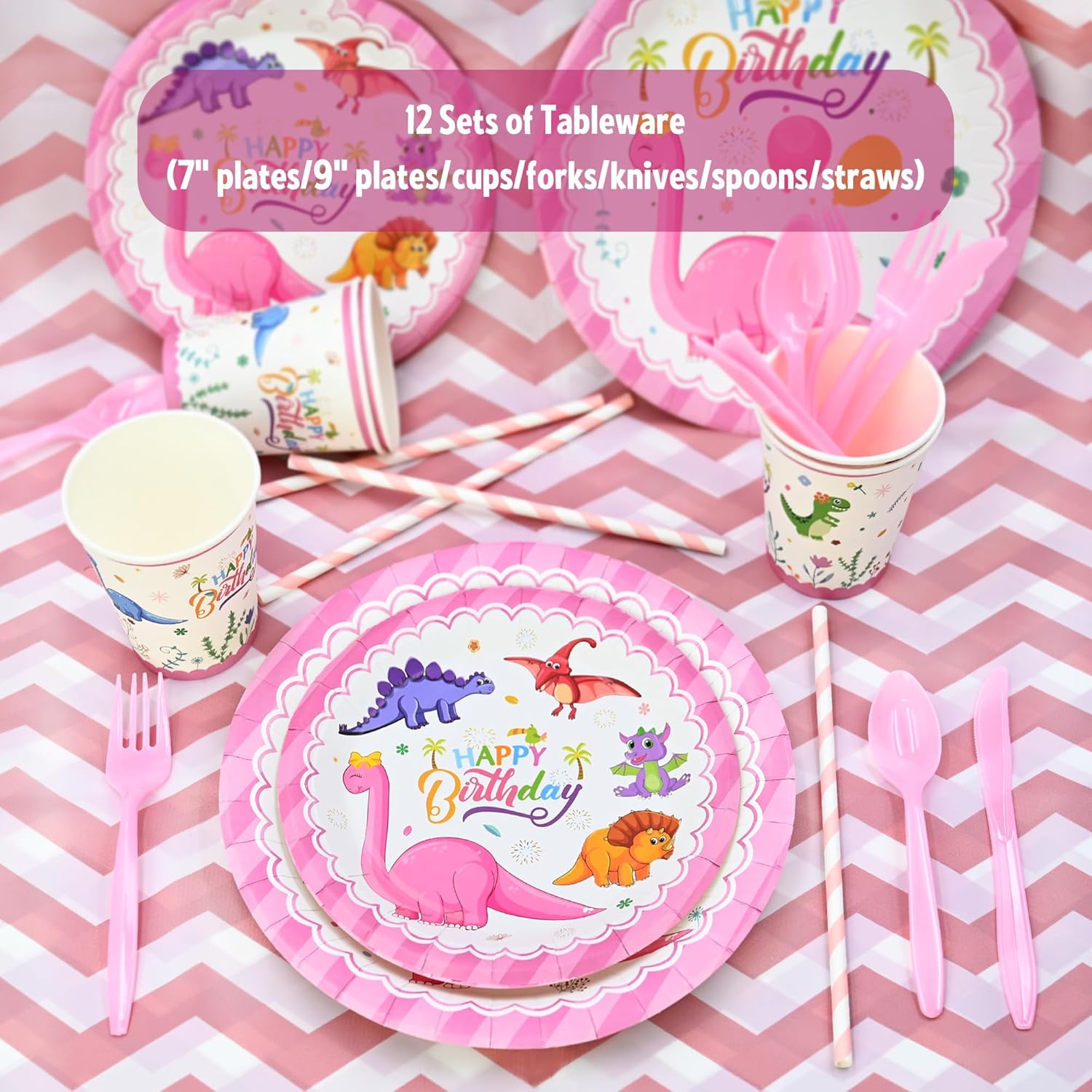 Party Spot! 150 pcs Dinosaur Birthday Party Supplies For Girls (Serves 12), Pink Dinosaur Party Decorations, 50 pcs Latex Balloons, 12 sets Tableware, Plates, Tablecloth, Installation Tools