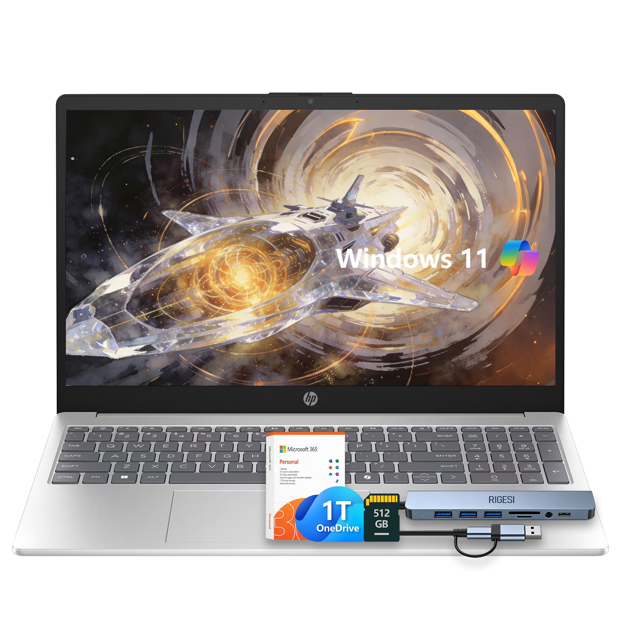 15.6" Laptop – Complete Productivity Solution, Windows 11 With Microsoft Office, Intel 4 Core N100, 8GB RAM, 1.6TB Storage (128GB UFS + 512GB SD Card+1TB OneDrive), Copilot AI, Lightweight – Silver