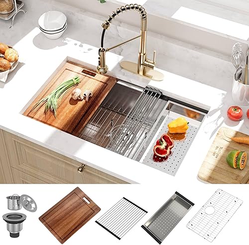 MONDAWE Fregadero de cocina empotrado de 32 pulgadas, cuenco individual de calibre 18, lavabo de cocina de acero inoxidable de grado Sus304 con