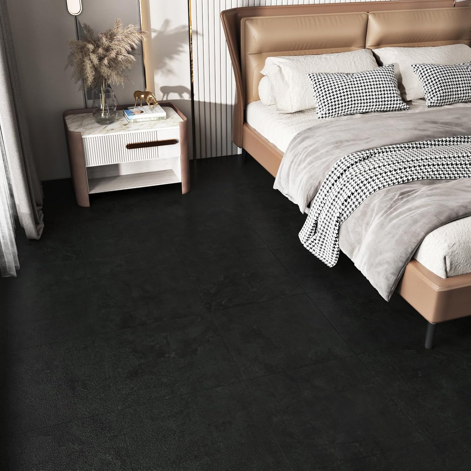 16 Pack Black Granite Peel and Stick Floor Tiles Waterproof Charcoal Black Laminate Vinyl Flooring Removable Dark Marble Stick on Flooring Tiles for Bathroom Kitchen Floor Stickers 12 x 12