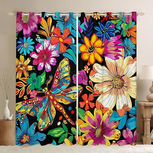 Cortinas y cortinas de libélula de arco iris, coloridas cortinas de ventana con flores mexicanas exóticas, cactus, girasol, libélulas, cortinas para
