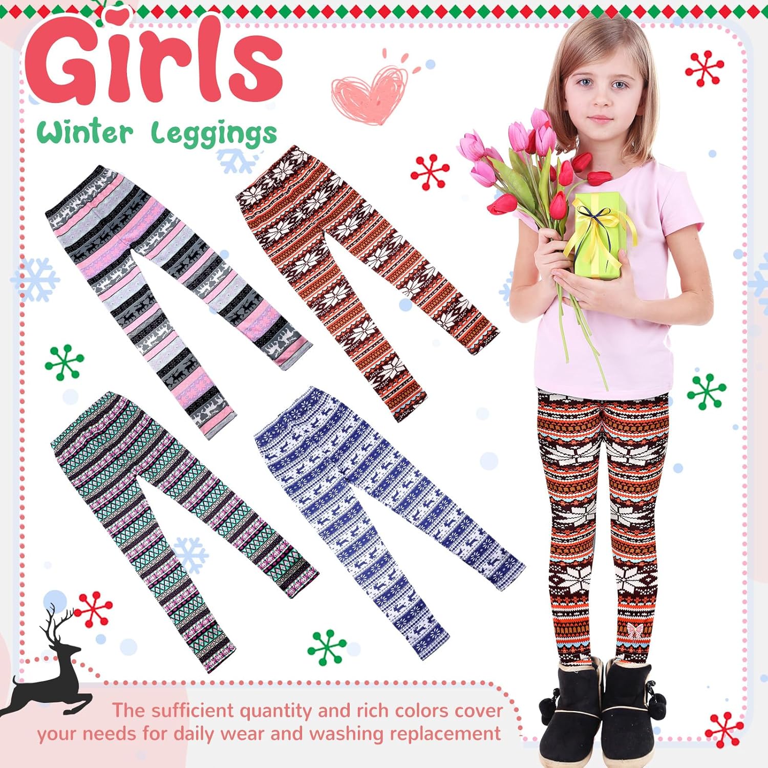 4 Pack Girls' Fleece Lined Leggings Winter Warm Printed Thick Thermal Tights Pants Cotton Full Length Pants - Image 2