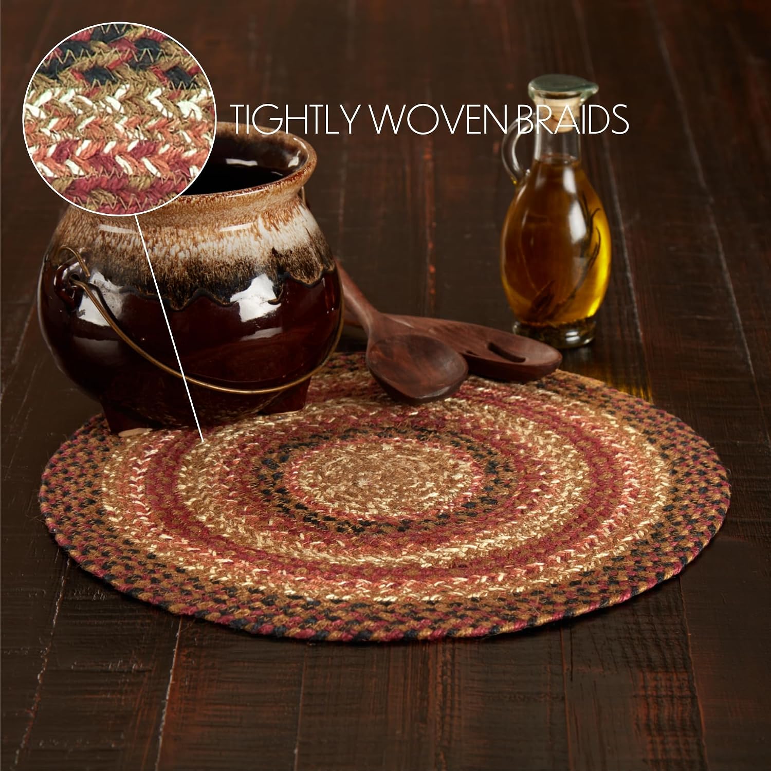 VHC Brands Ginger Spice Trivet Hot Pad for Pots Pans, Orange Red Natural, Jute Blend, Round Circle, 15 Inches