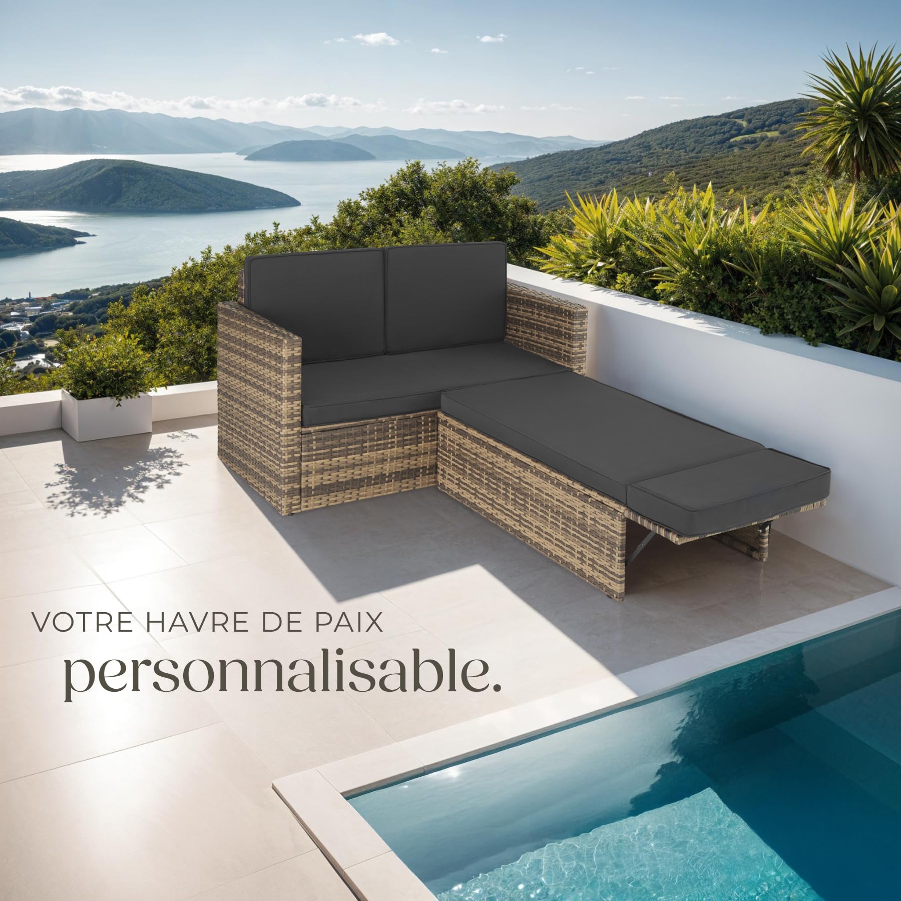 Tectake Salon de Jardin Poly Rotin Modulable Bain de Soleil 2 Places 1 Canapé 1 Tabouret Pouf Repose-pieds Inclinable