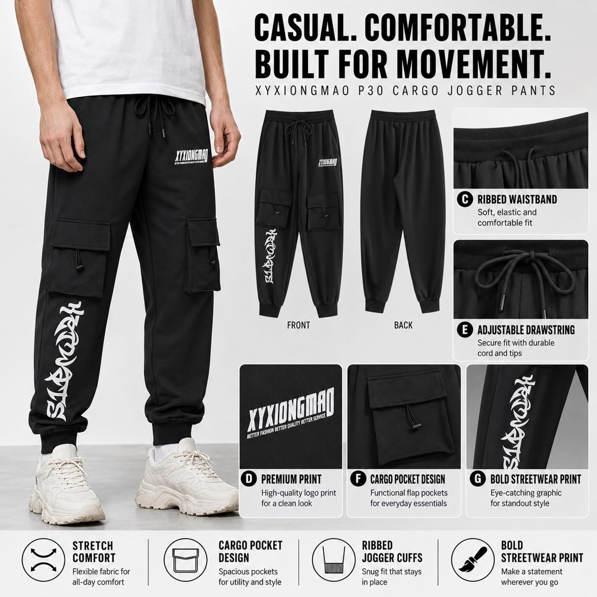 XYXIONGMAO Herren Schwarz Casual Loose Gothic Jogger Techwear Sweatpants Taktische Streetwear Cyberpunk Hiphop Cargohose für Herren