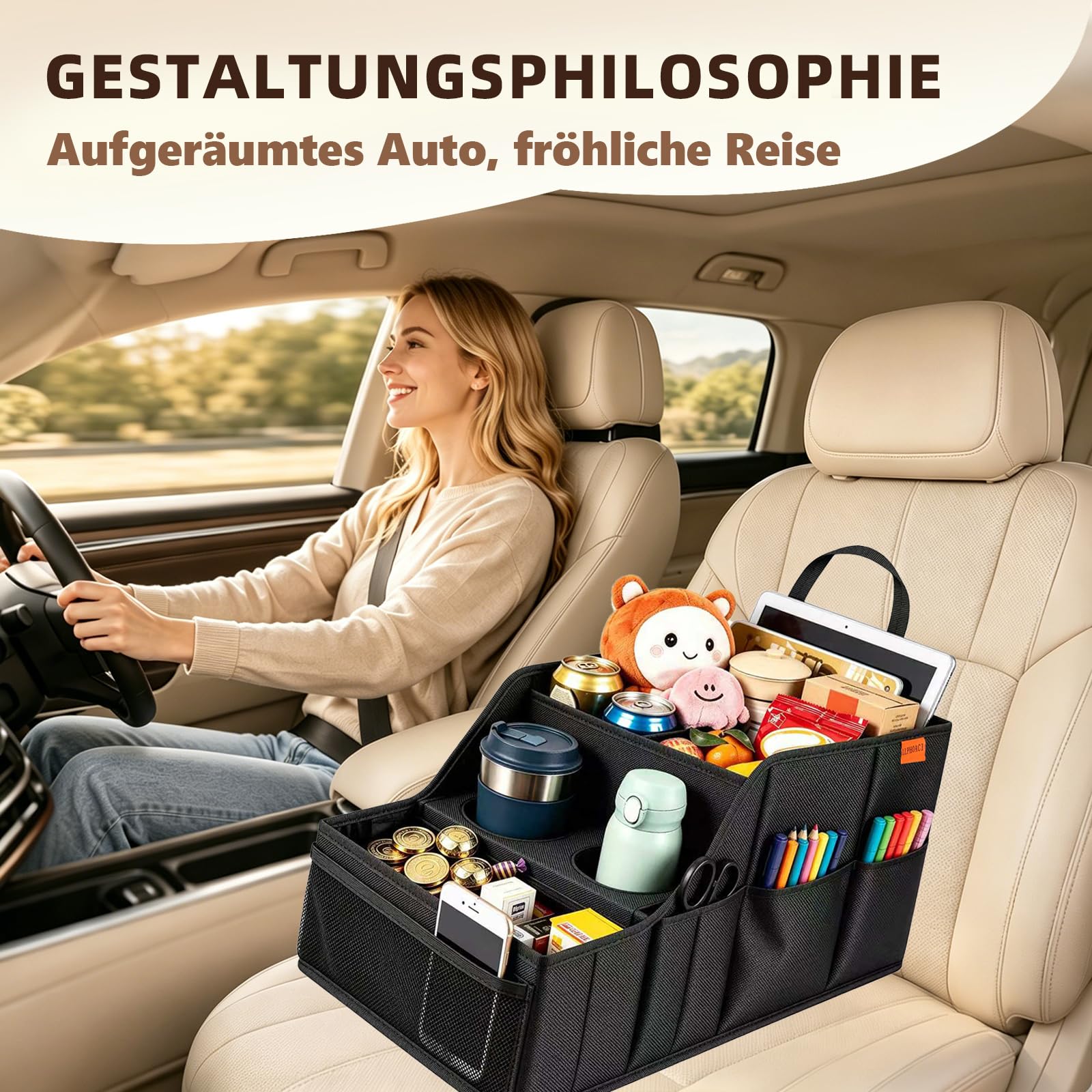 Auto Organizer – stabil, faltbar – 9 Fächer, 2 Getränkehalter – auto organizer für Rücksitz & Beifahrersitz – viel Platz – ideal für Reisen (Schwarz)
