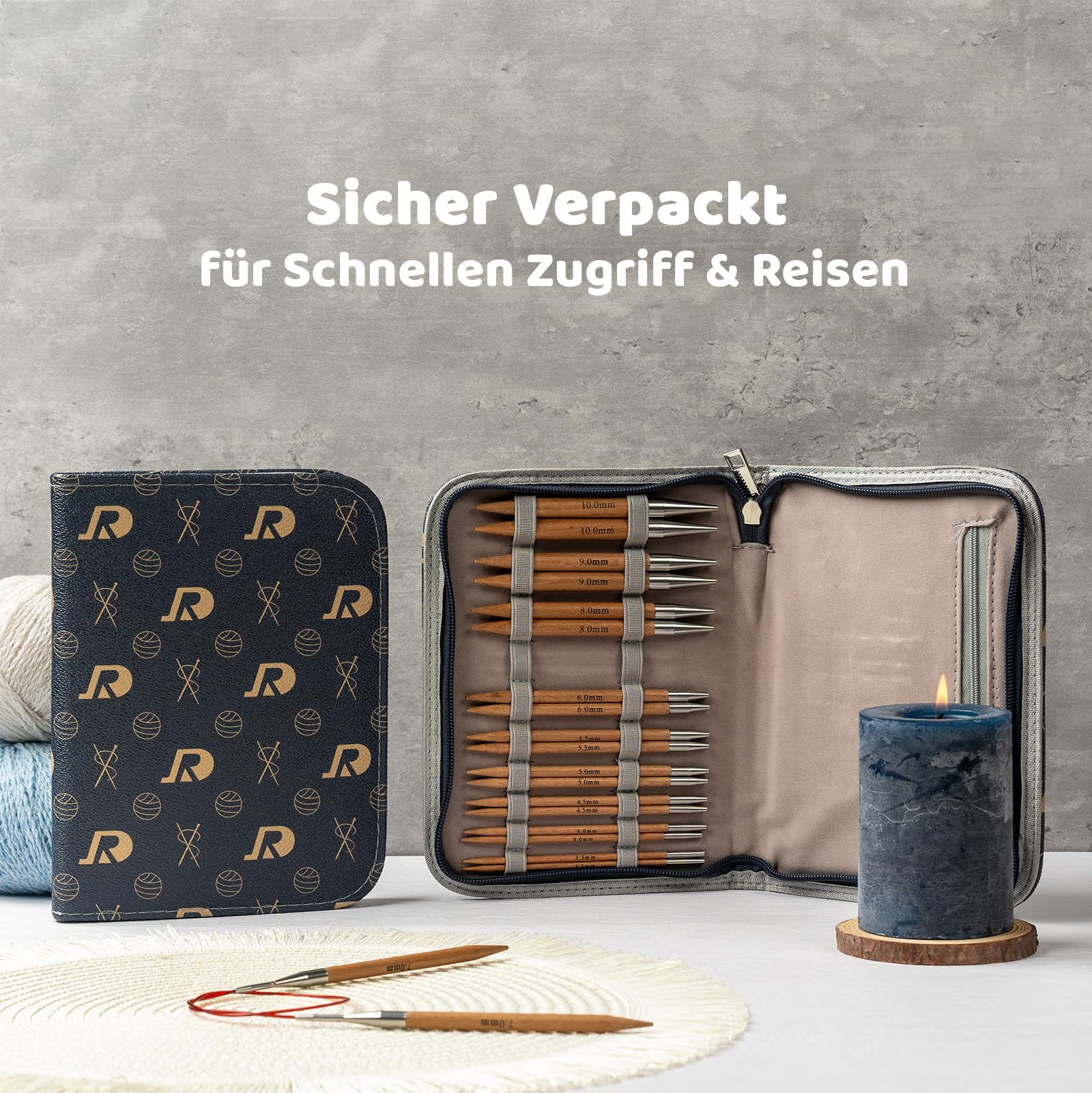 RUIDI Rundstricknadeln Set, Rundstricknadeln Set Austauschbar mit Tasche & Zubehör, 10 Paare Rundstricknadel-Set (12cm) in Größen von 3,5 mm bis 10 mm (Buchenholz)