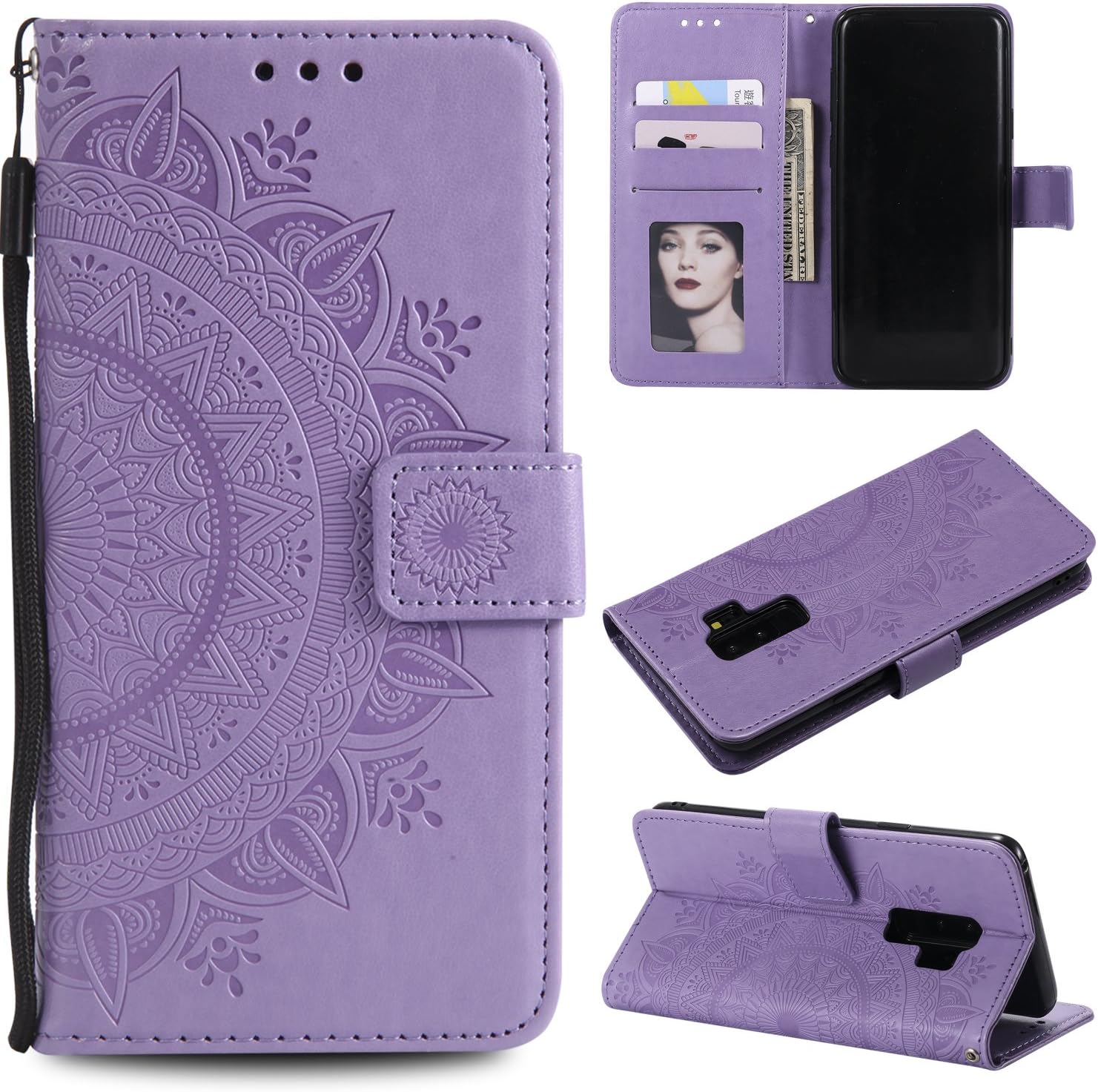 EYZUTAK Mandala Phone Cover for Samsung Galaxy S9 Plus, Ultra Slim Flip Case with Card Slot Magnetic Closure Embossing Premium PU Leather Case with Stand Function and Lanyard, Foldable Motif-Purple