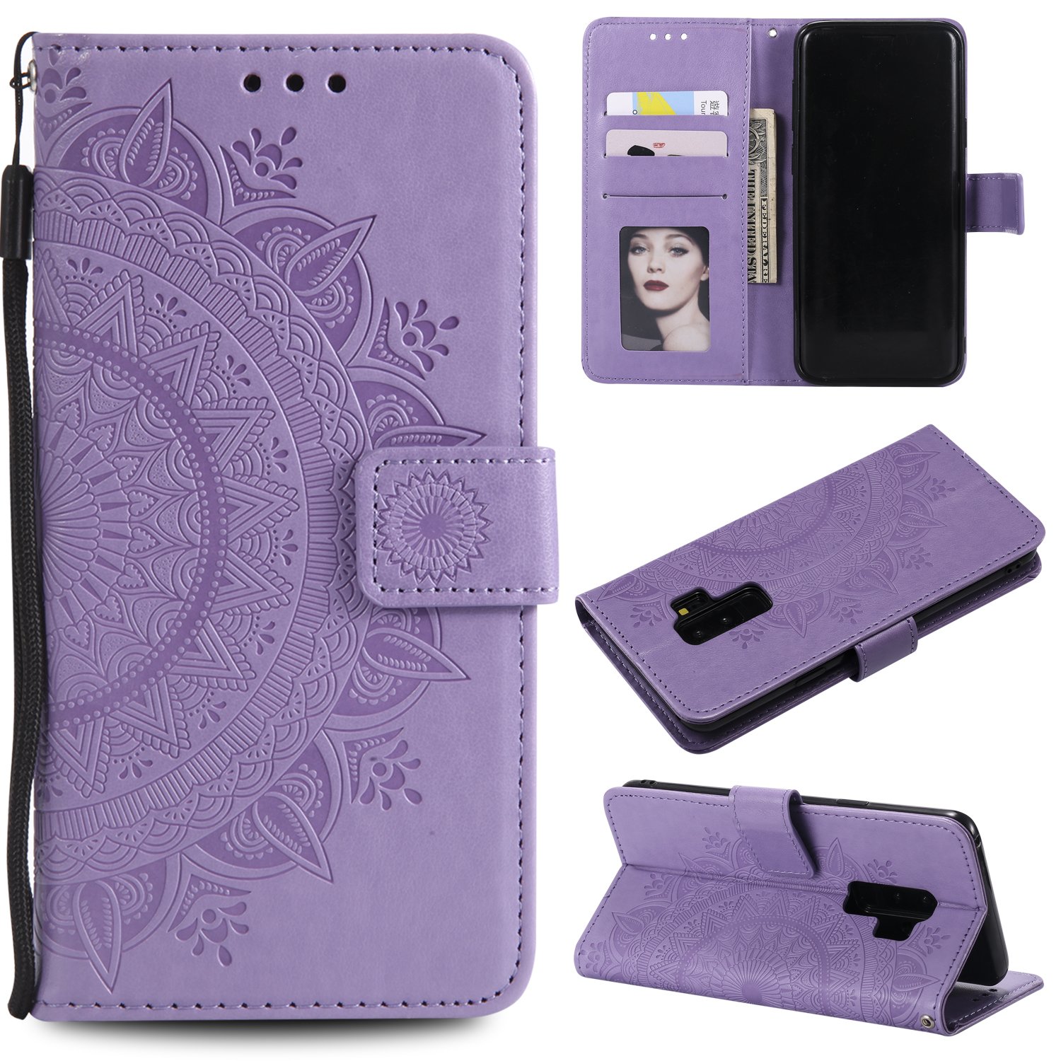 EYZUTAK Mandala Phone Cover for Samsung Galaxy S9 Plus, Ultra Slim Flip Case with Card Slot, Magnetic Closure, Embossing PU Leather Case with Stand Function and Lanyard, Foldable Motif-Purple