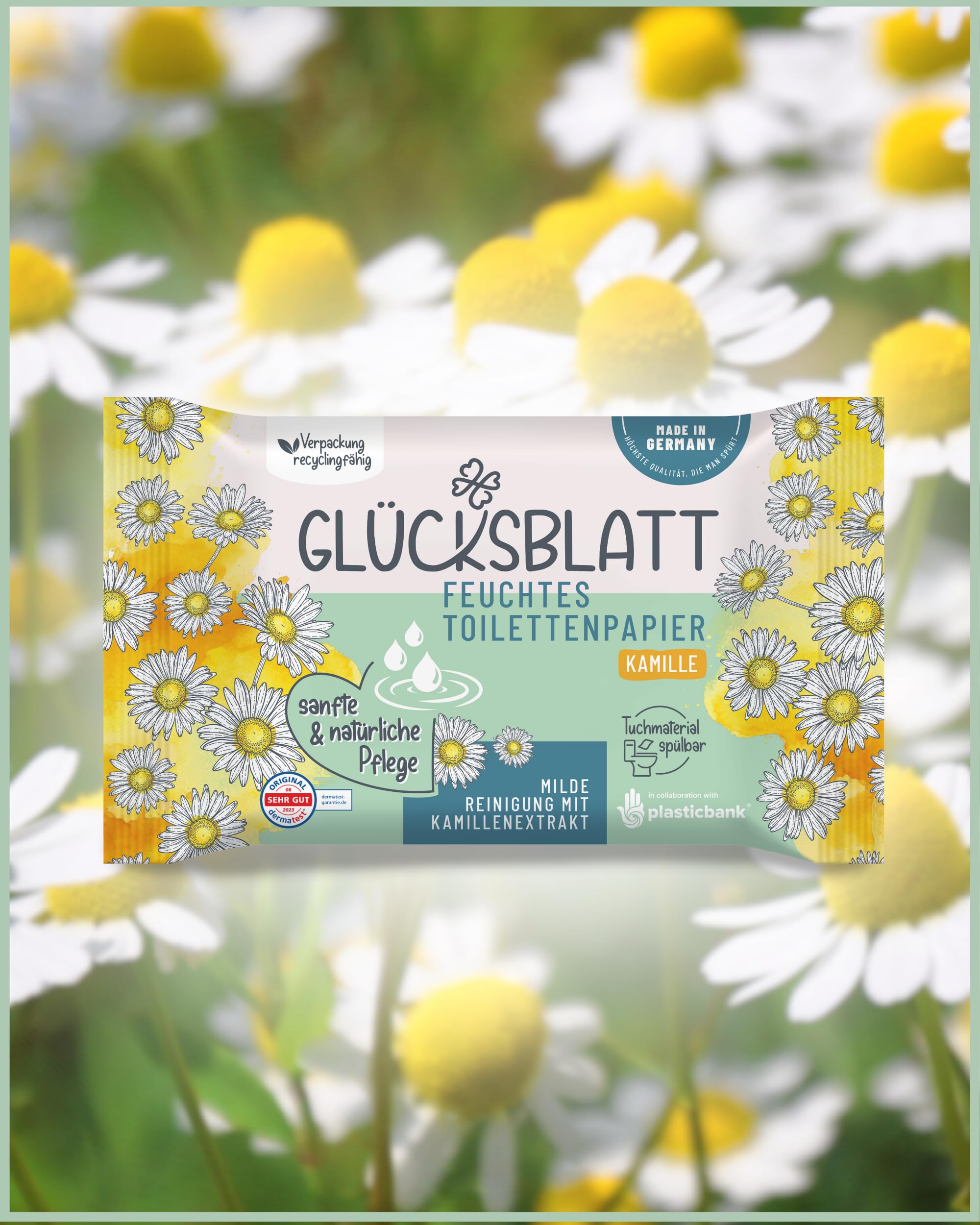 Glücksblatt feuchtes Toilettenpapier Kamille | 12x42 Tücher | Vorratspack | natürliche Pflege mit Kamillenextrakt | dermatologisch getestet | milde Reinigung | sanfte Pflege | spülbare Feuchttücher