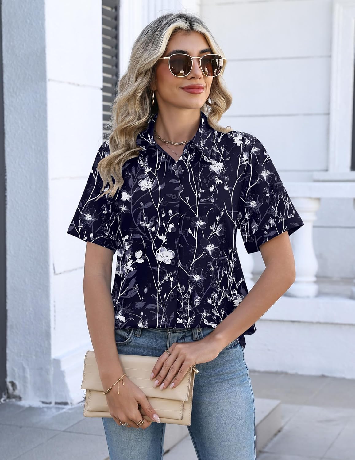 Zeagoo Womens Button Down Blouse Rolled Cuffed Short Sleeve Shirts Casual Work Blouse Summer Hawaiian Outfits - Image 2