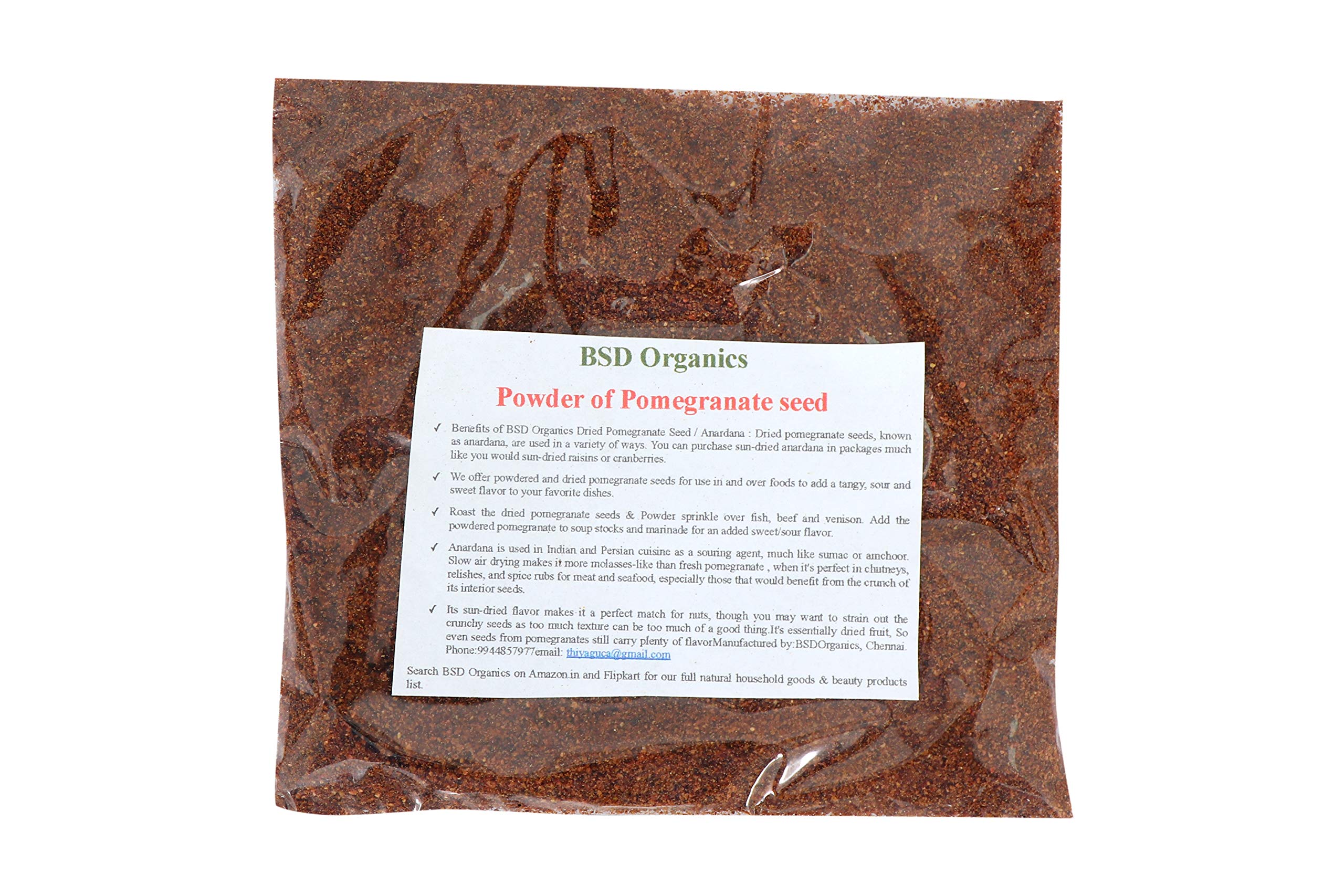 BSD OrganicsPowder of Pomegranate Seed/Matu?ai Vithai/Anaar Beej/Anardana for Soups,Chutneys, Relishes, and Spice Rubs for Meat, Seafood and More, 50 g