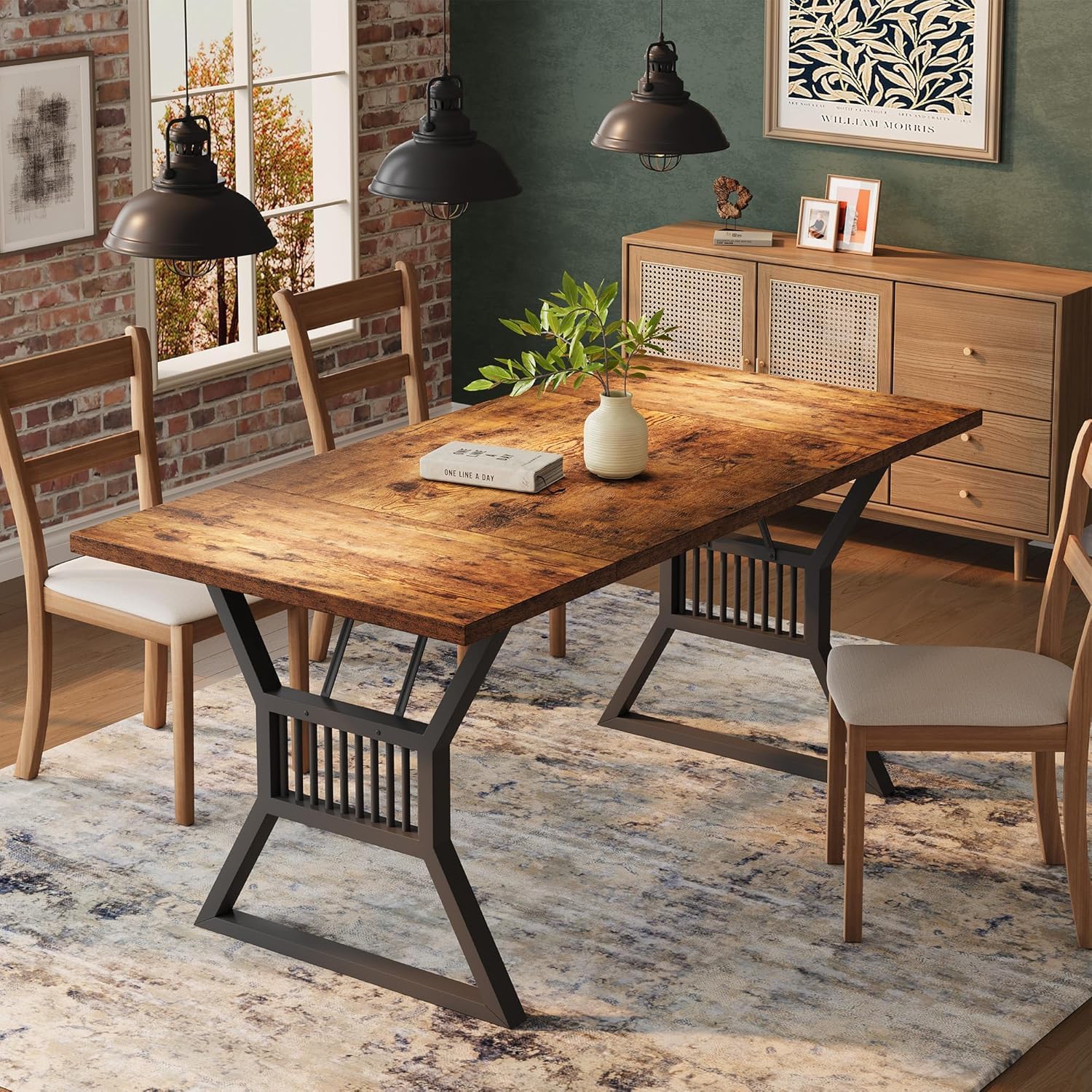 GarveeHome Mesa De Comedor Rectangular 180 cm para 4-6 Personas - Estilo Farmhouse Rústico - Tablero De Madera - Patas De Metal Resistentes - Montaje Fácil - para Comedor o Salón