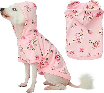 Blueberry Pet Floral Dog Hoodie, Rose Print Pullover Sweatshirt for Dogs, 8" Back Length, Lightweight Spring Outfit in Baby Pink