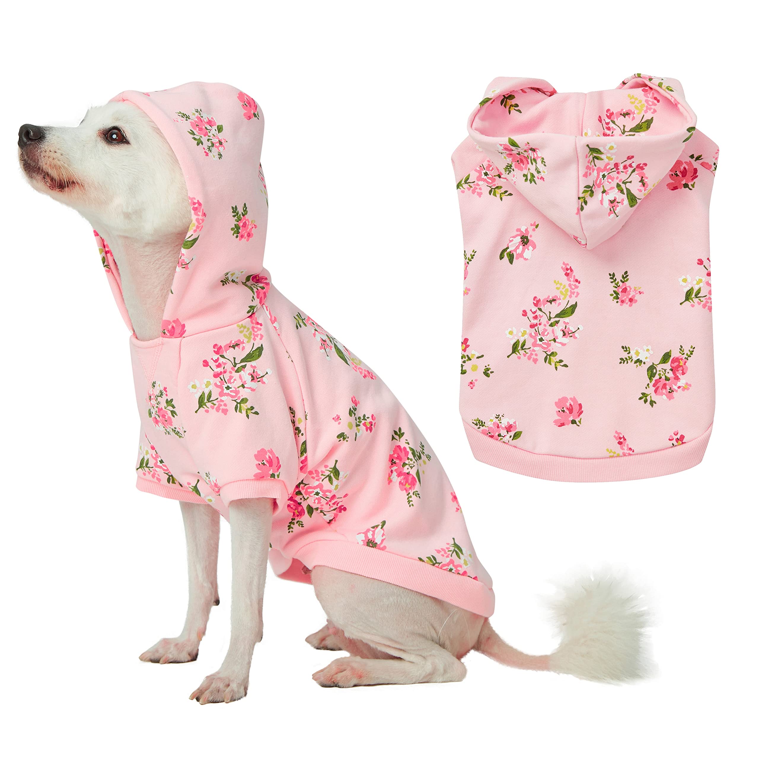 Blueberry Pet Floral Dog Hoodie, Rose Print Pullover Sweatshirt for Large Dogs, 20" Back Length, Lightweight Spring Outfit in Baby Pink