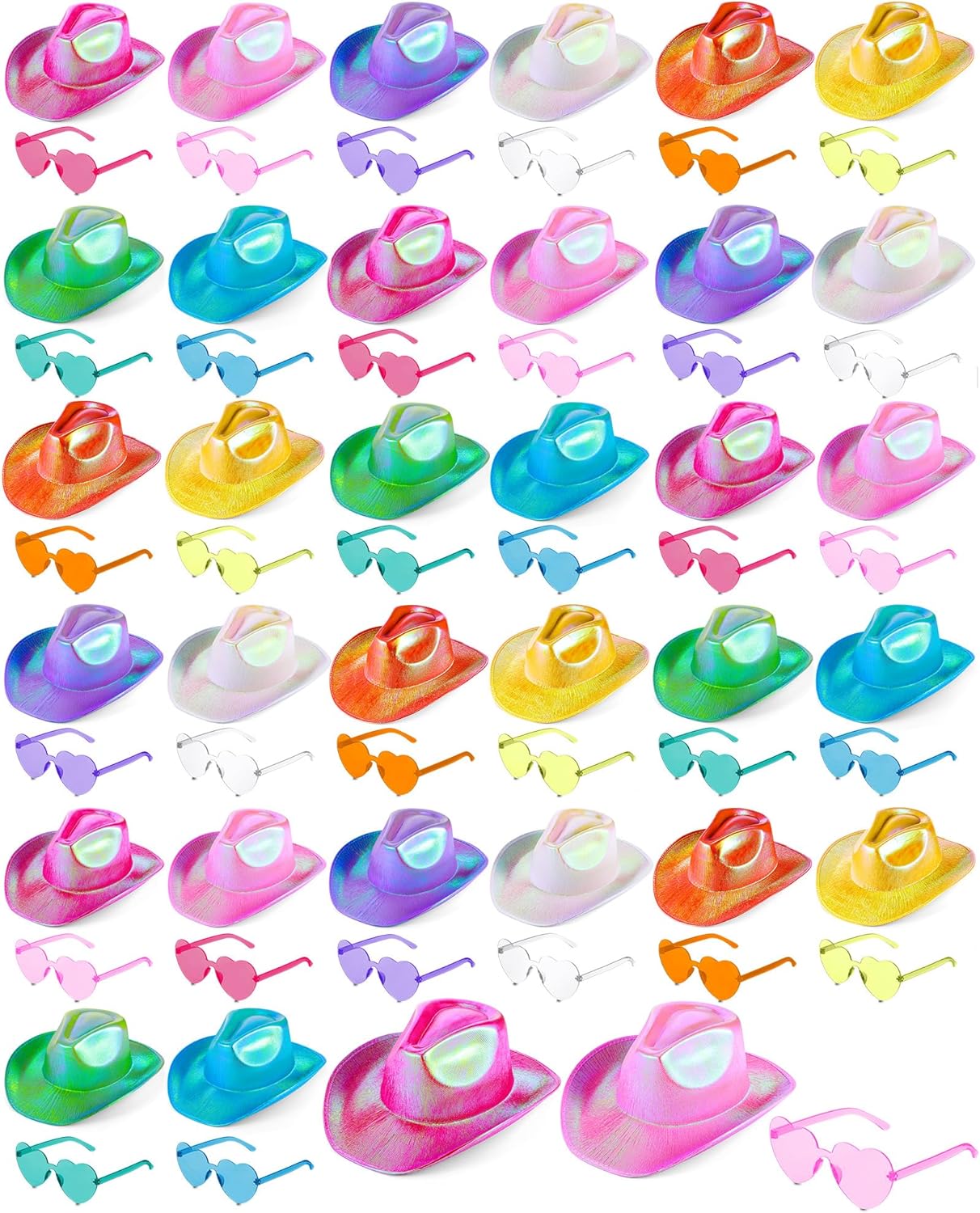 Xtinmee 16/32/48 Pcs Space Cowgirl Holographic Hat Rimless Heart Sunglasse CowGirl Sparkly Hat for Party Costume Accessories