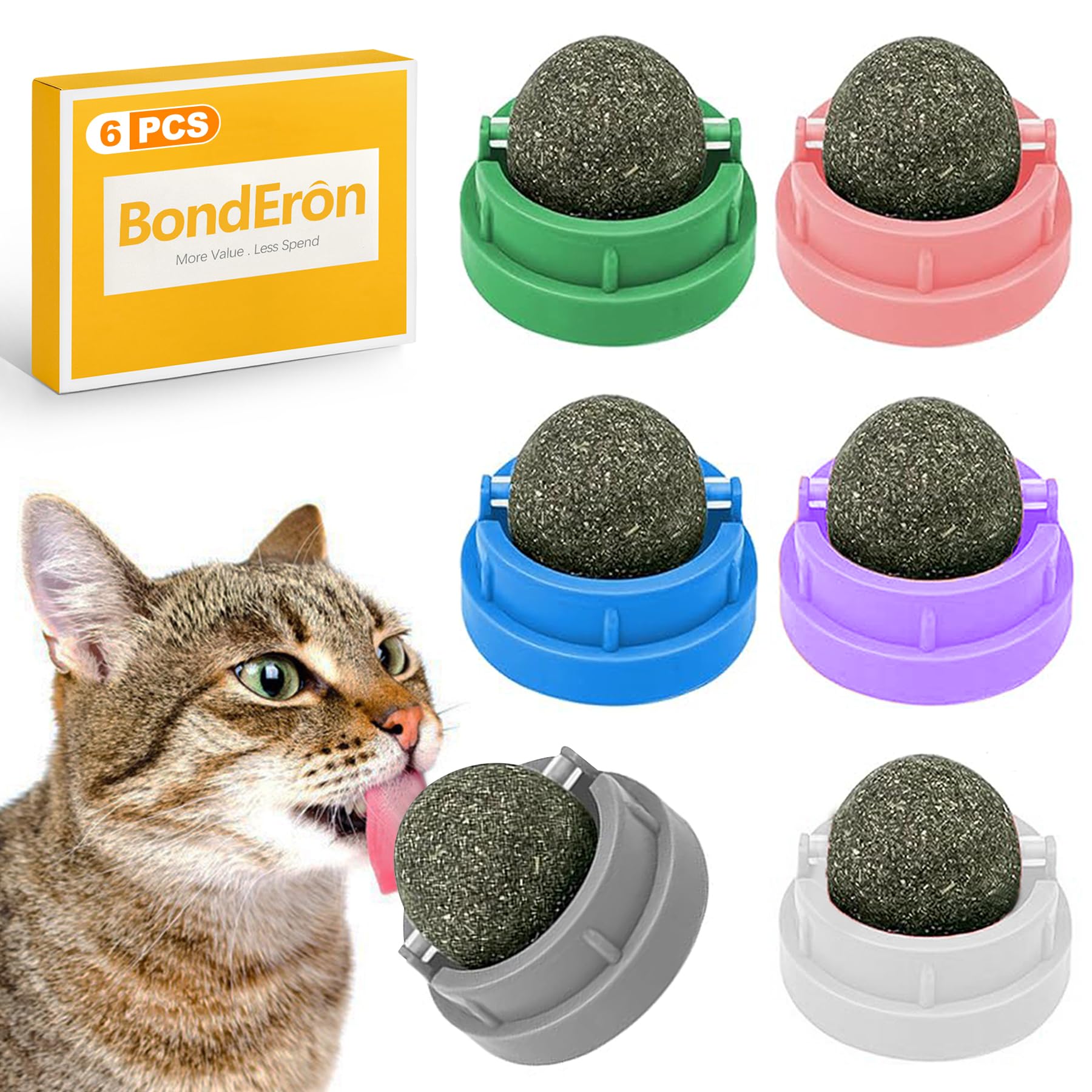Set of 6 Catnip Balls with Wall Mount, Rotating Cat Toy, Interactive Balls for Employment and Relaxation