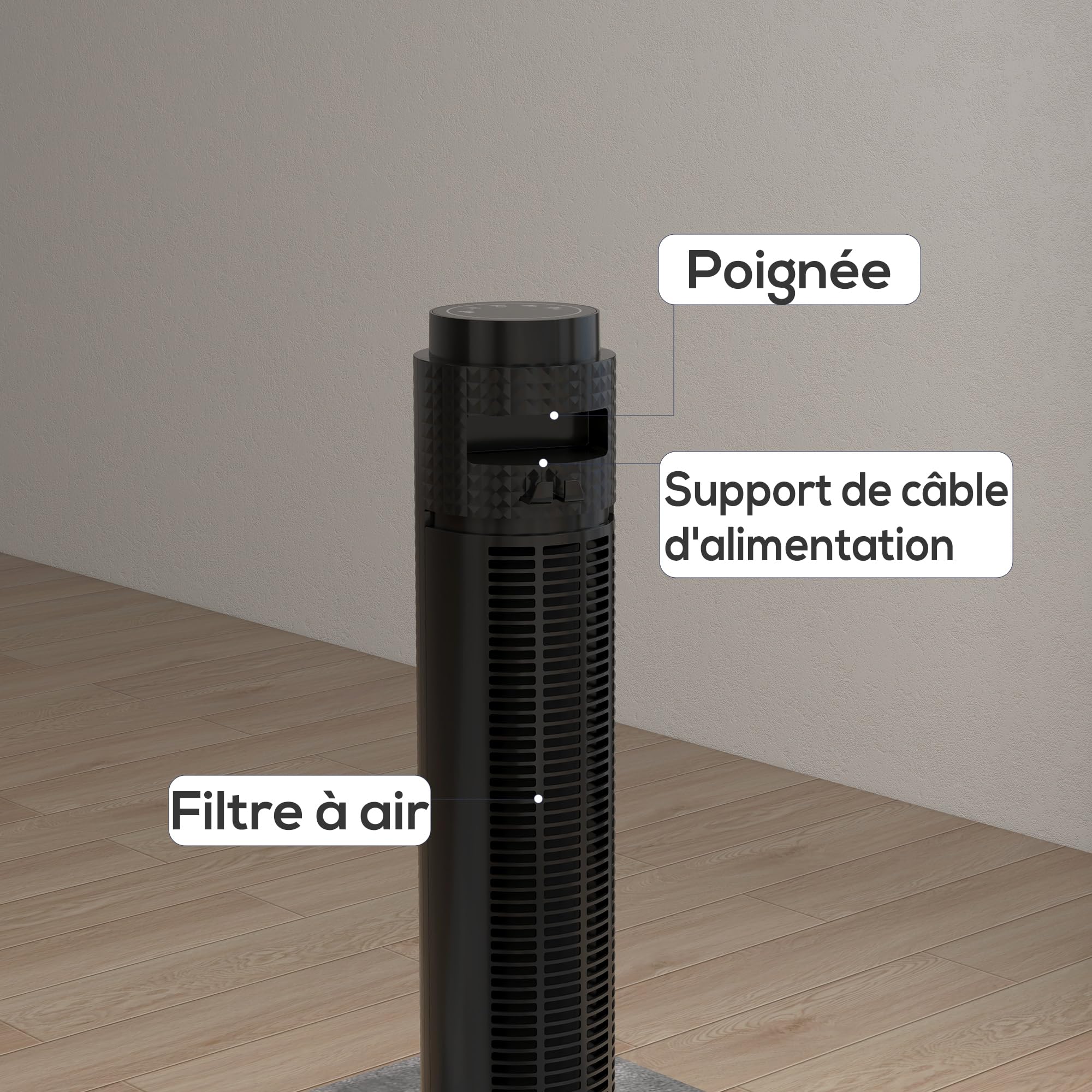 HOMCOM Ventilateur Colonne Silencieux 45 W, Ventilateur Tour pour Chambre à Coucher, 4 Modes, 3 Vitesses, Télécommande, Oscillant 70°, Minuterie 12H, Écran LED et Mode Veille, 96H cm, Noir