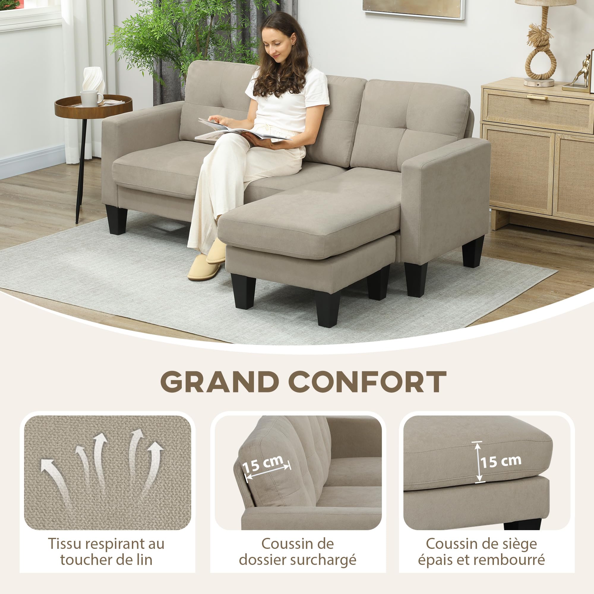 HOMCOM Divano angolare a 3 posti, reversibile a destra o sinistra, soggiorno, grande comfort, schienale imbottito, beige