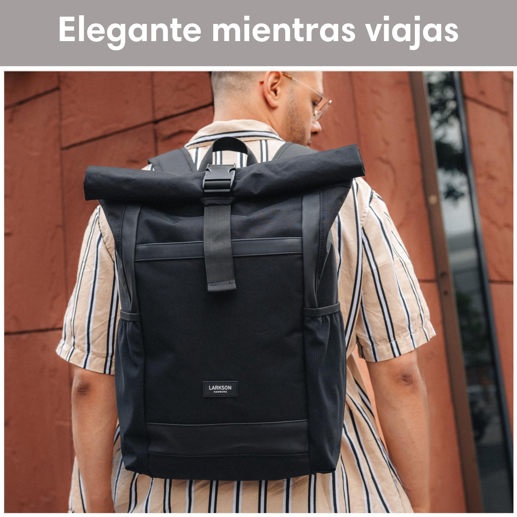 LARKSON Mochila Enrollable Hombre & Mujer Negro - No 2 - Macuto para Viaje, Uni, Trabajo - de Botellas Pet Recicladas - Bolso para Portátil 16 Pulgadas - Impermeable