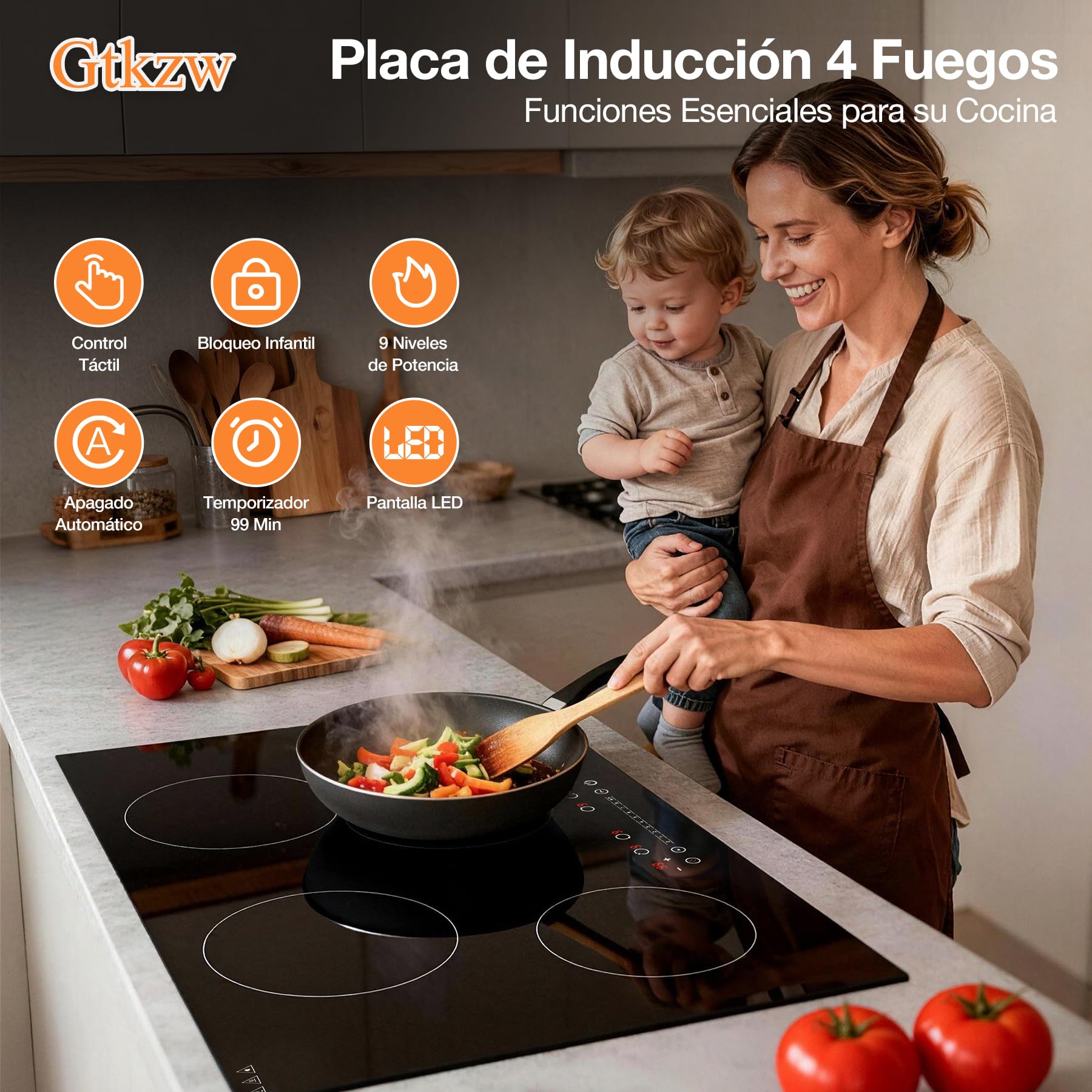Placa de Inducción 4 Fuegos 6400W, Placa Encastrable 77cm para Cocinas Grandes, Control Táctil 9 Niveles con Boost, Temporizador, Bloqueo Infantil, Cristal Cerámico Fácil de Limpiar