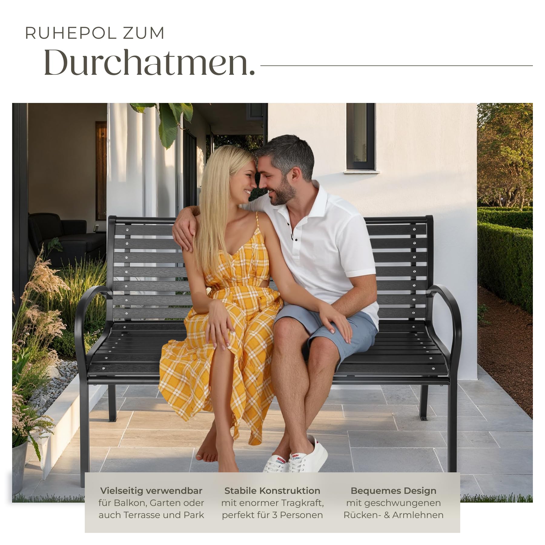 tectake® 3-Sitzer Gartenbank, Premium Garten Möbel Bank, Sitzbank wetterfest, bis 200 kg belastbar, 126 x 62 x 81,5 cm, Wintergarten Möbel, als Balkonbank, Holzbank Garten, Gartenmöbel Bänke