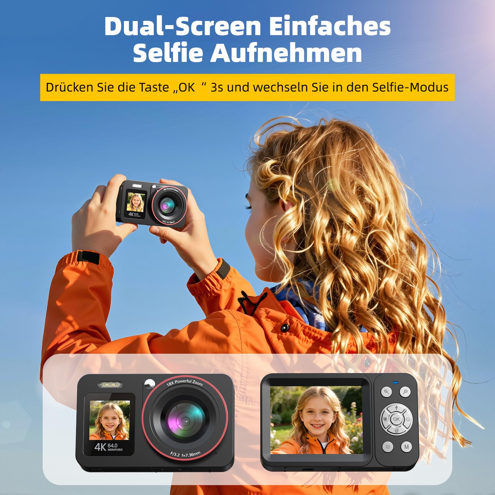 Digitalkamera 4K 64MP Vlogging Fotokamera Kompaktkamera 18X Digitalzoom Kamera für Kinder mit 2 Bildschirme, 2 Batterien, 64GB SD Karte für Kinder Teenager Anfänger, Schwarz