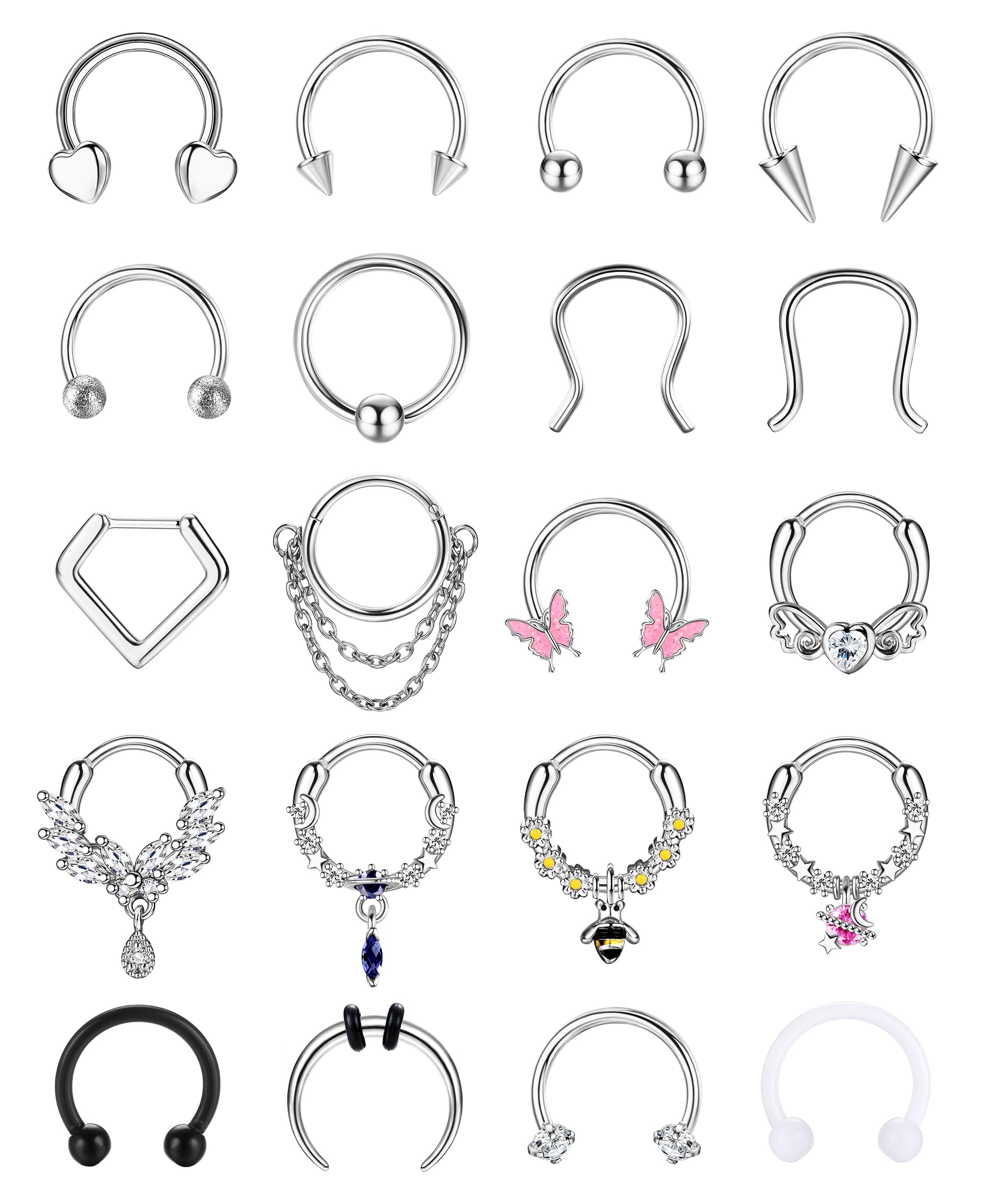 ADRAMATA 20 PCS 16G Septum Piercing Acciaio Chirurgico Piercing Naso Cerchio Naso Anelli Cerchio Set CZ Nostril Piercing Trago Cartilagine Helix Piercing Orecchino Piercing Septum Gioielli