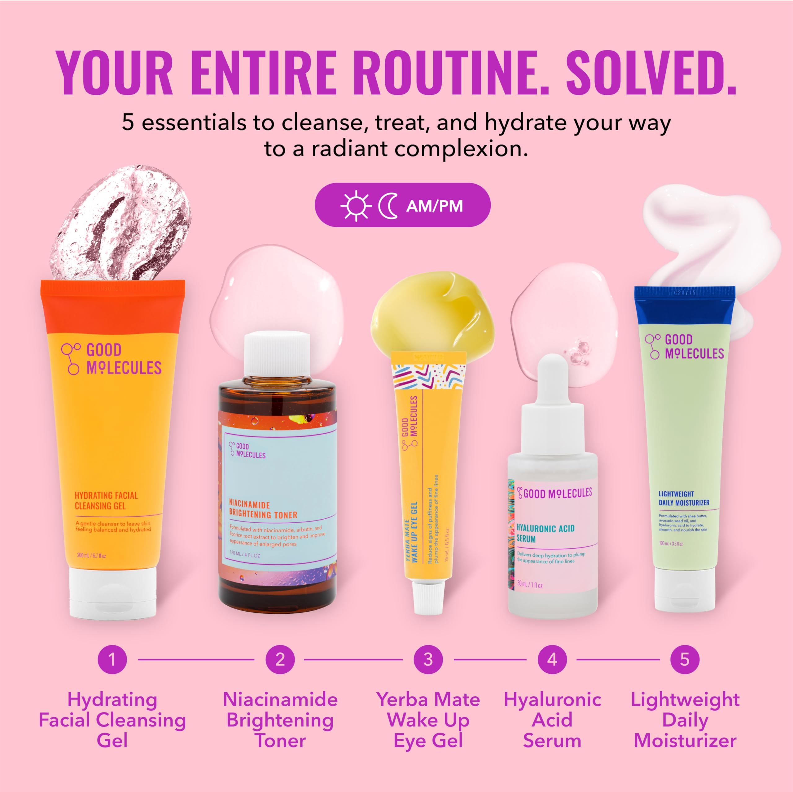 Good Molecules Daily Skincare Routine Set with Hydrating Facial Cleanser