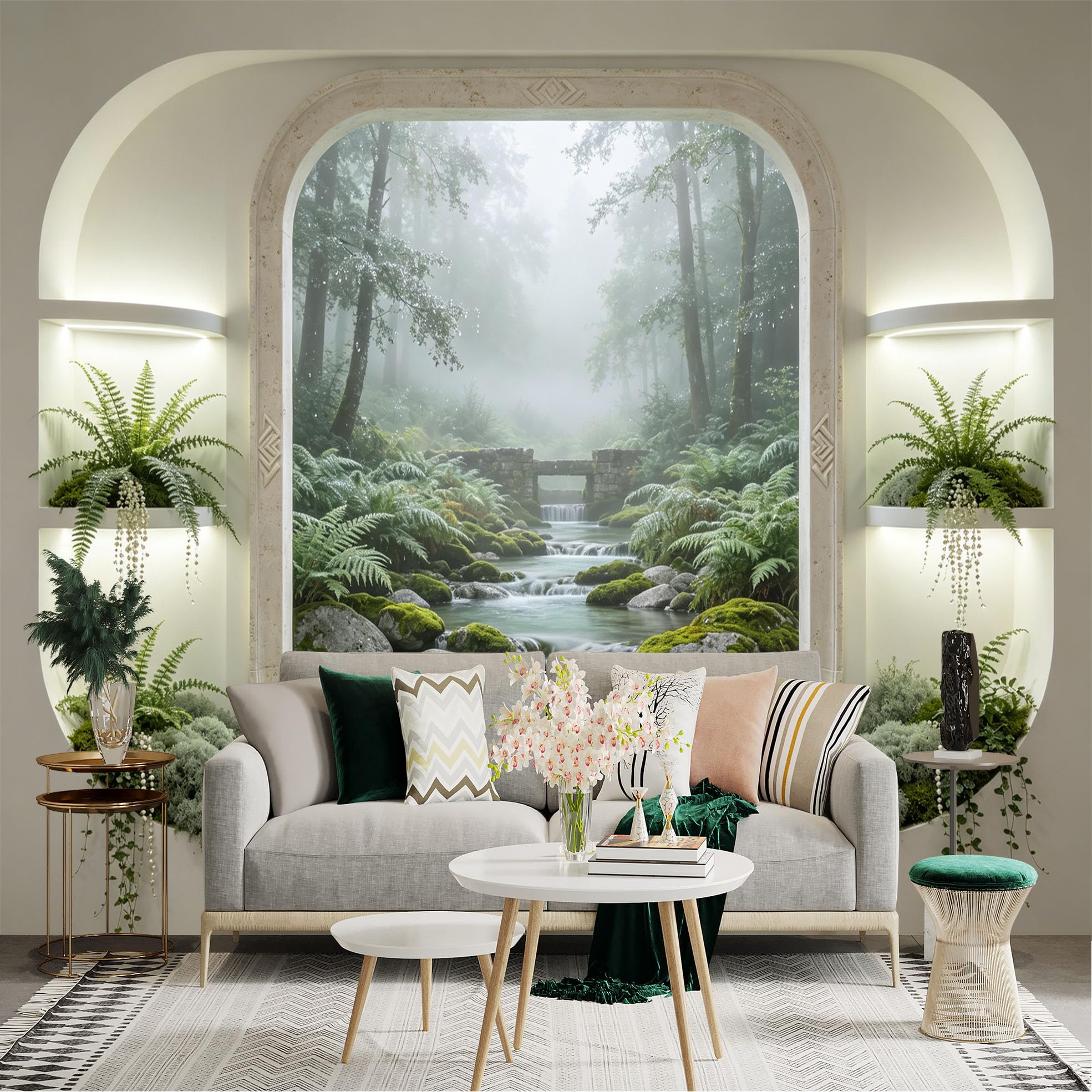 Lnzczhyre Dbh260521495 Custom Size Wall Sticker Mural， Misty Forest Stream With Mossy Stones， Serene Nature Landscape View， Lush Ferns And Greenery， For Wall Decoration， Peelandstick Wall Decals.