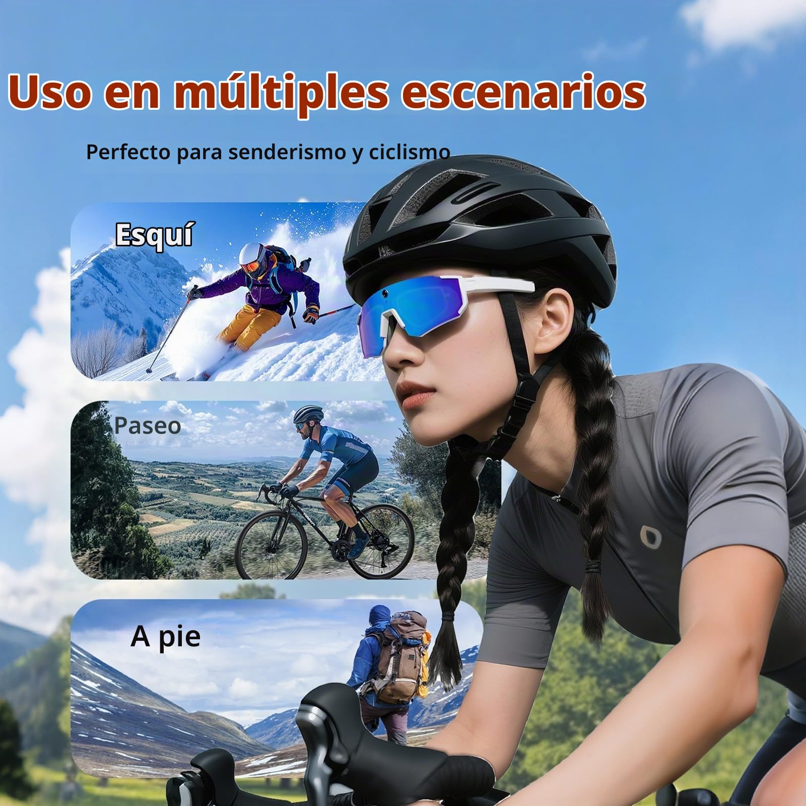 Gafas Inteligentes de Ciclismo con Inteligencia Artificial, Lentes de Sol Inteligentes con Bluetooth, Control de Voz, reconocimiento de Objetos (Blue Lens+White Frame)