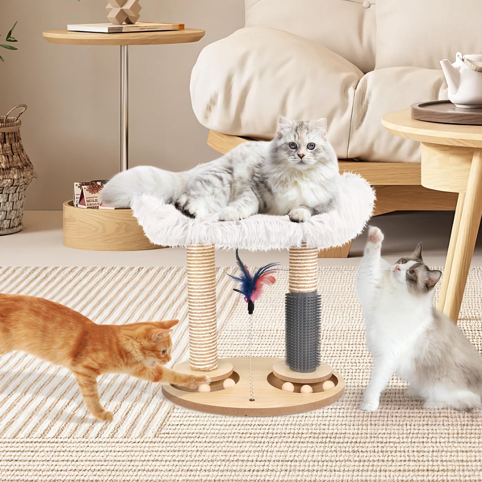 Holzkugel-Katzenkarussell, Banaone 4 in 1 Interaktives Katzenspielzeug, Katzenspielzeug Selbstbeschäftigung mit Frühling Cat Scratching Post für Katzen in Innenräumen