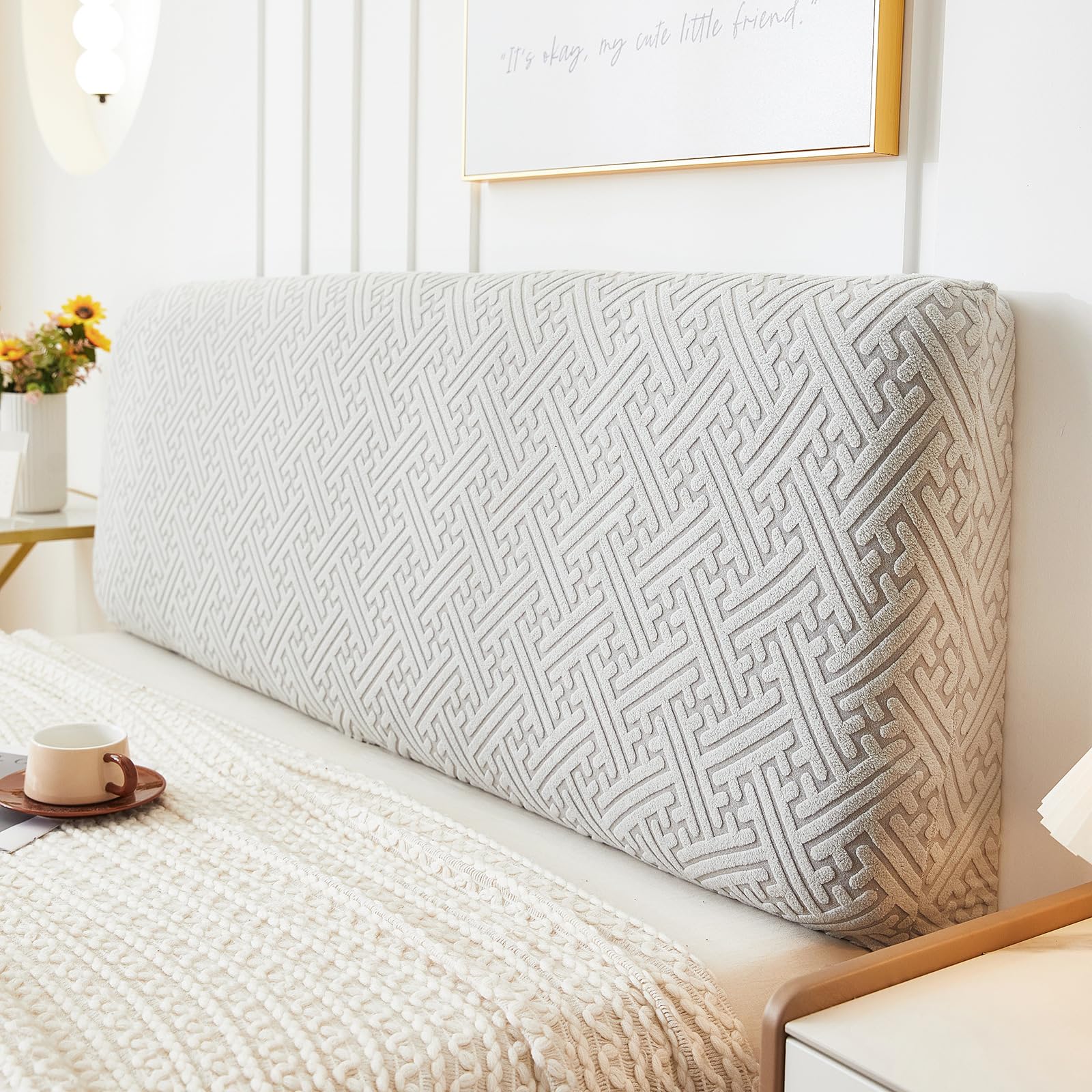 1 pieza extraíble y lavable totalmente envuelta de felpa elástica para decoración de dormitorio, cubierta protectora para cabecero, funda protectora de respaldo de cama, 180 cm de largo (gris