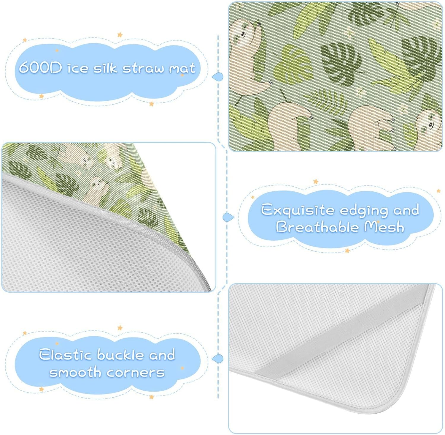 Baby Cooling Mat Cartoon Sloths Green Ice Silk Breathable Mesh Summer Crib Mattress Pad with Pillowcase, Soft Cooling Sleeping Surface for Infant & Toddler, 52"x28"