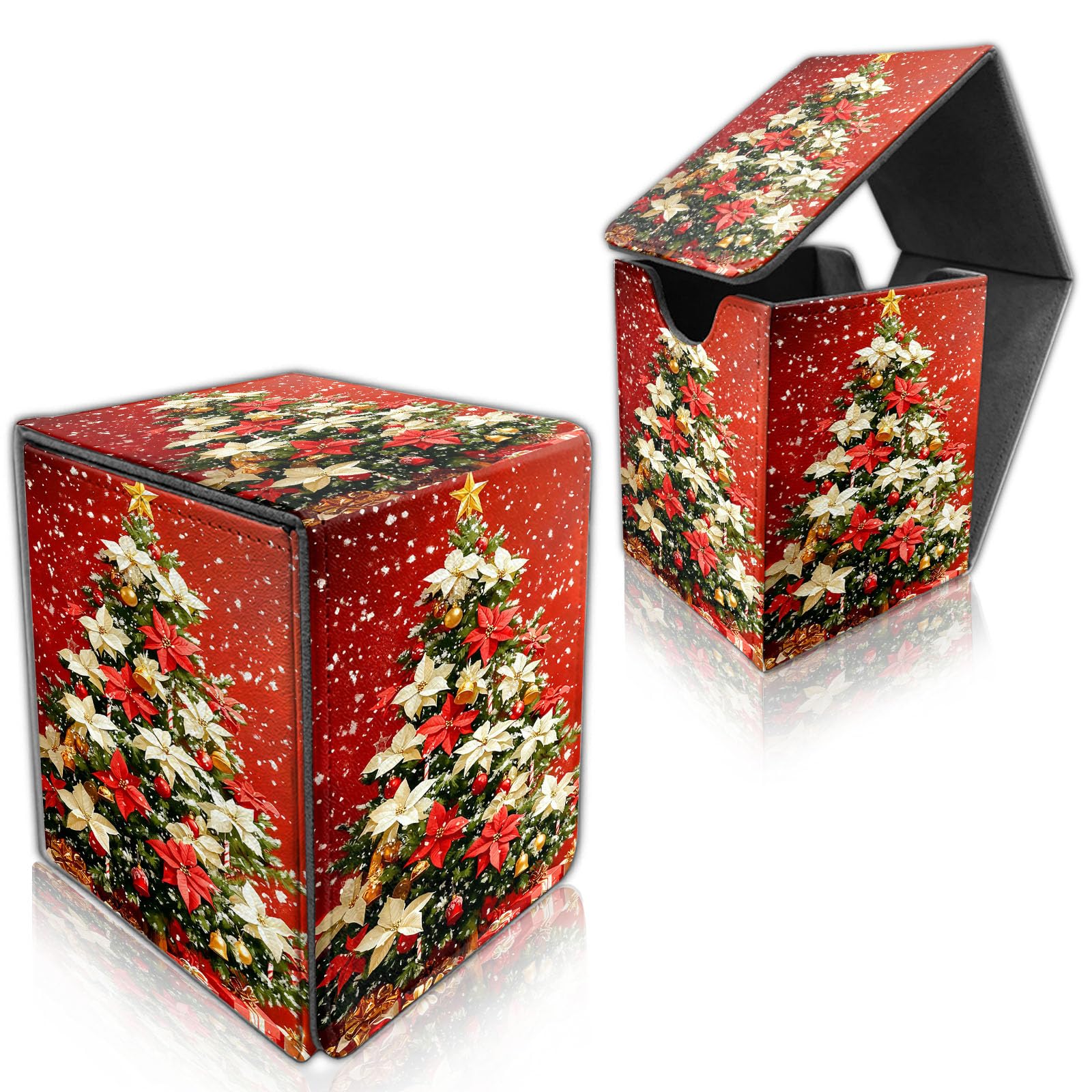 DISUOFEART for MTG Deck Box, Trading Card Storage Case Holds 100+ Sleeved Cards, Festive Poinsettia Tree with Presents Magnetic Closure Durable Deck Holder for Magic The Gathering, TCG & Commander