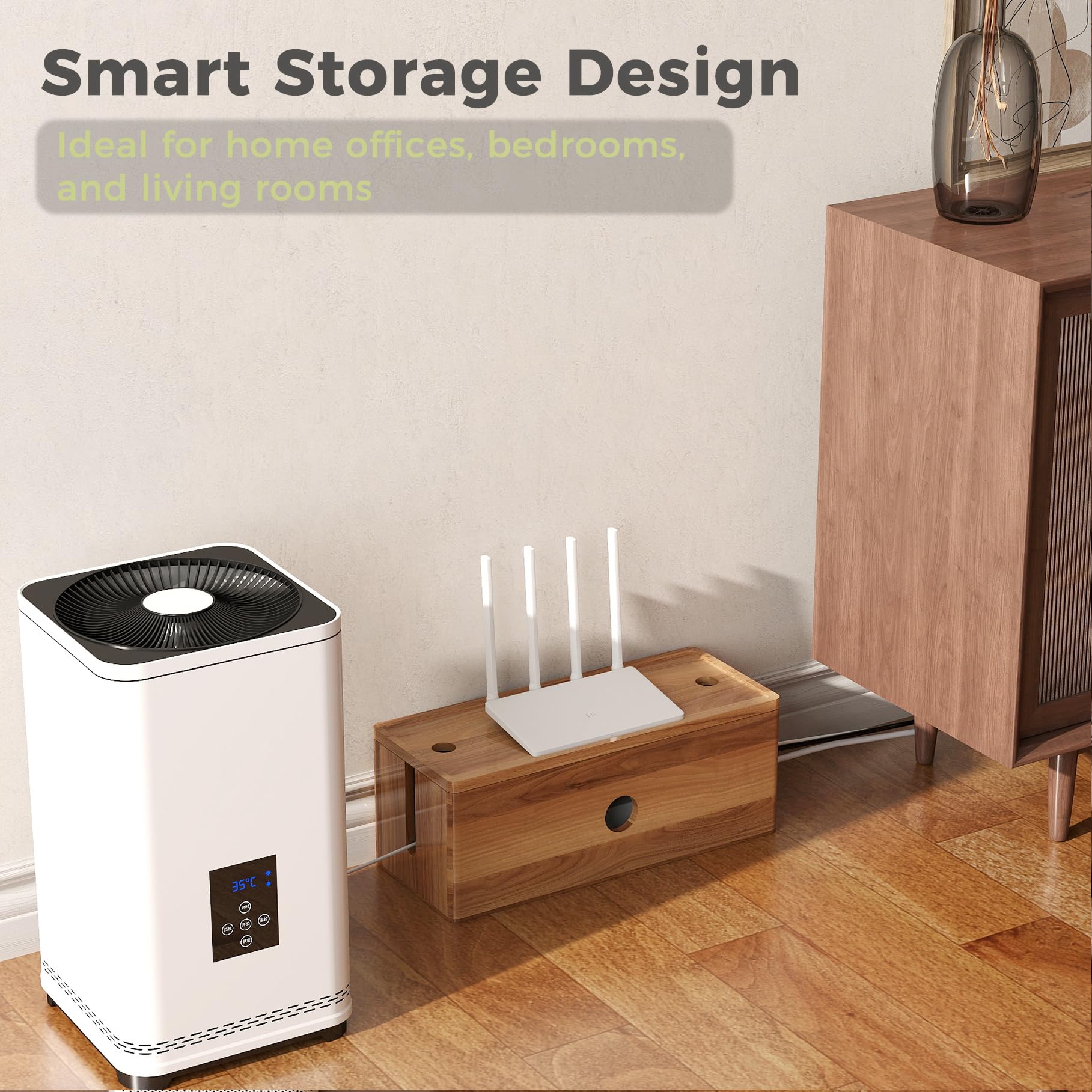 Caja organizadora de cables grande, caja organizadora de cables de madera de acacia con tapa magnética extraíble, organizador de escritorio de 4 ranuras abiertas, oculta cables de TV, cables
