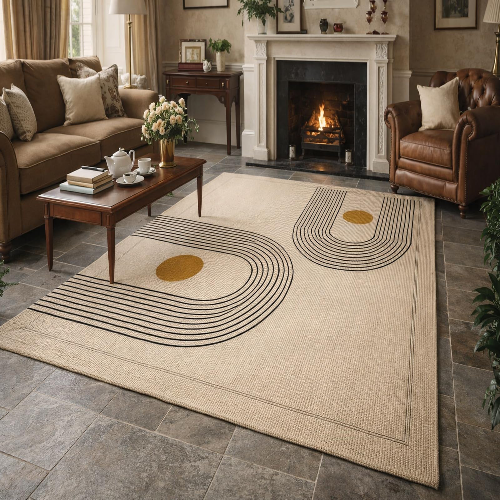 Teppiche Wohndeko für Wohnzimmer Schlafzimmer Aesthetic Room Decor,Modern, geometrisch, abstrakt, Beige, Schwarz, Gelb, 155 x 200 cm