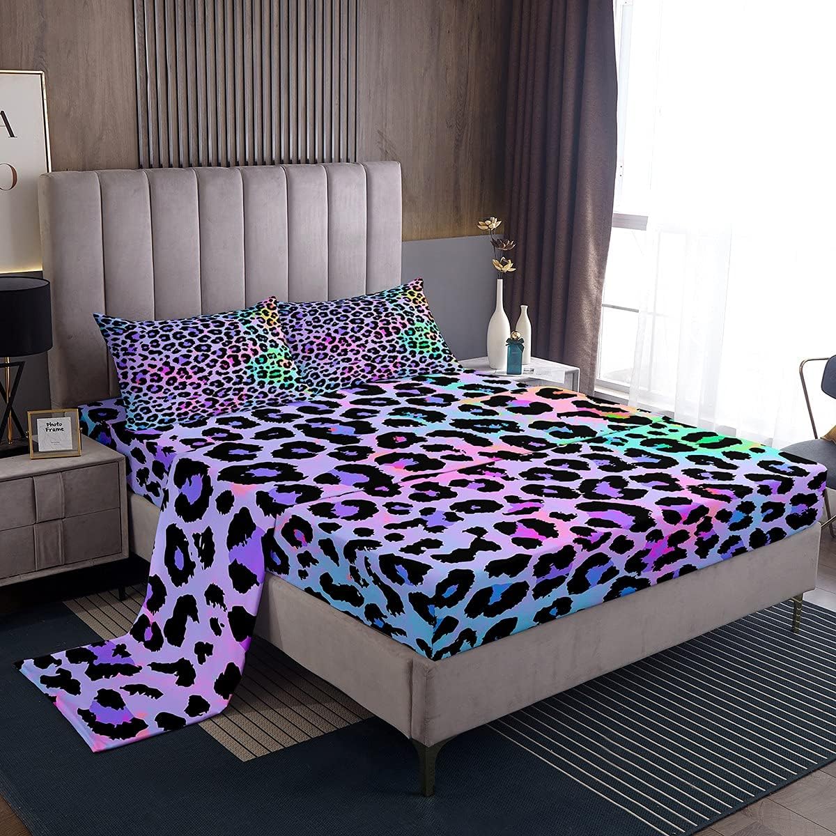Erosebridal 7PCS Cheetah Print Comforter Set +Fitted Sheet+Flat Sheet+Pillow Cases, Purple Leopard Skin Bedding Set
