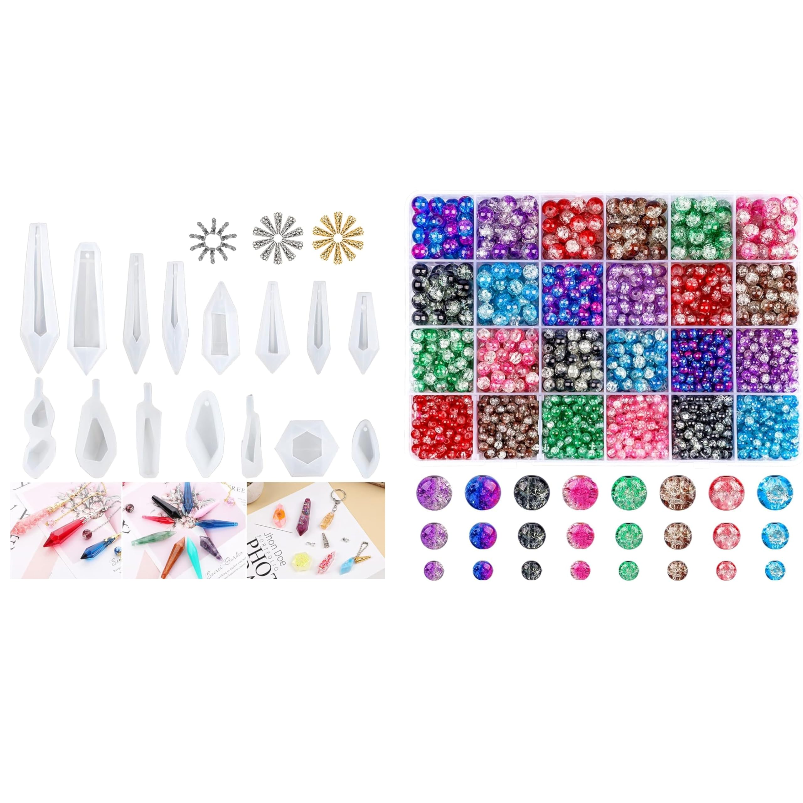 SuhomeCrystal Resin Molds,15 PCS Silicone Molds for Resin, Pendulum Resin Pendant Molds for Making Necklace, UV Resin and 1920pcs 8 Color Crackle Lampwork Glass Beads 4mm 6mm 8mm Handcrafted Round Sp