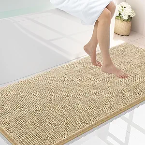 Smiry Luxury Chenille Bathroom Rugs 59x24, Extra Soft and Absorbent Shaggy Bath Mat, Machine Washable, Non-Slip Plush Carpet Runner for Tub, Shower, and Floor, Home Decor Accessories, Beige