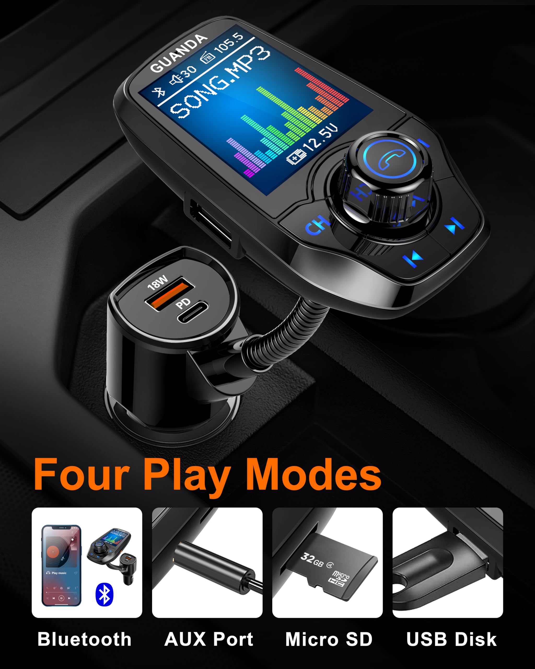 Bluetooth FM Transmitter Auto, Kabelloses Radio Auto Adapter mit 1,8'' Farbdisplay, Freisprechfunktion, AUX-Eingang/Ausgang, SD/TF-Karte, 3 Port USB PD 20W Ladegerät, 5 EQ Modi, 4-in-1 Car MP3 Player