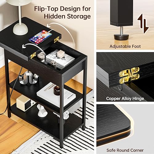 Miniatura 6 de HOUIT Mesa auxiliar con estación de carga, mesa auxiliar estrecha abatible con puertos USB y tomas, mesita de noche con almacenamiento para espacios