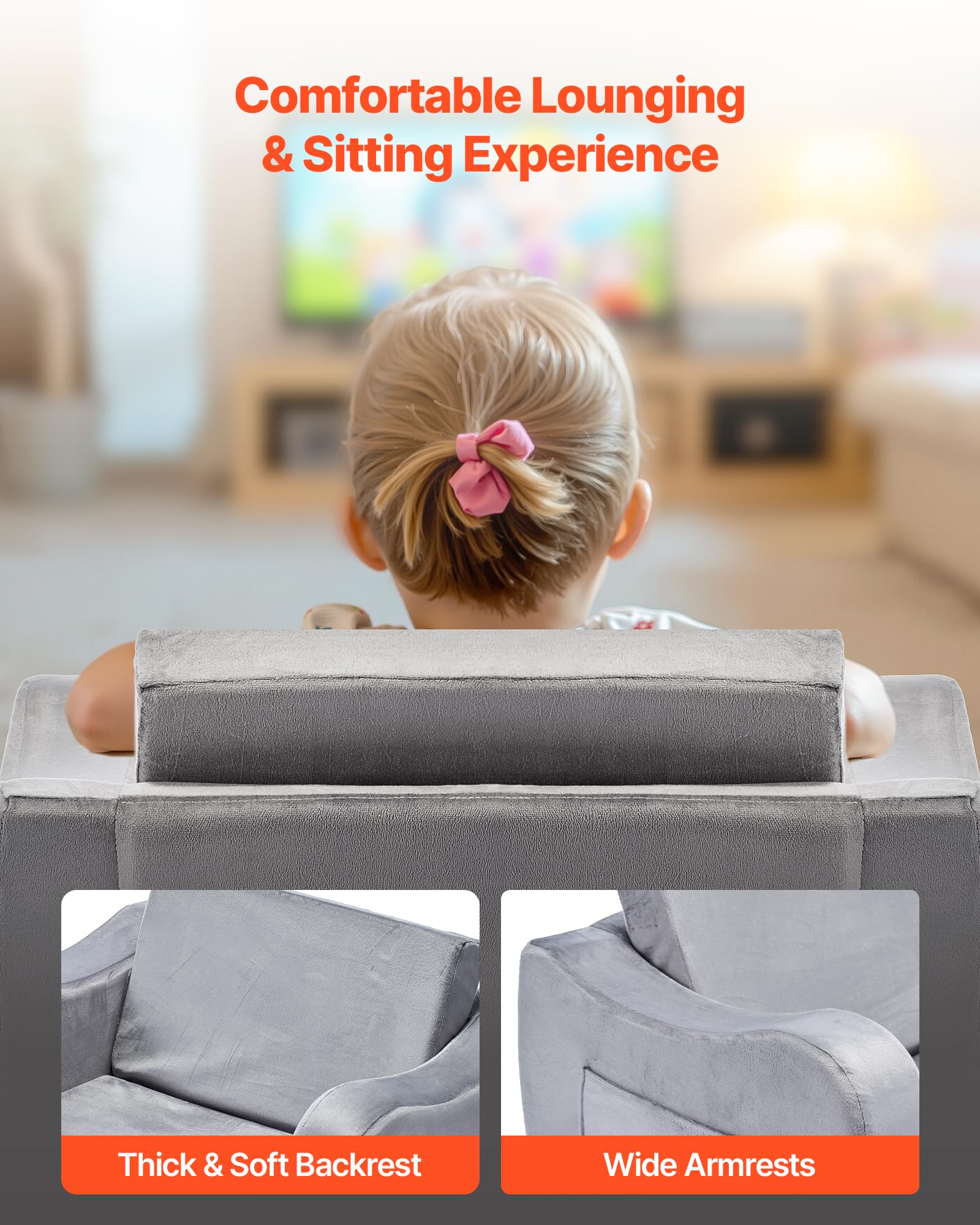 VEVOR Canapé pour Enfants 2-en-1 Convertible en Chaise Longue, Canapé-lit Pliable et Moelleux, avec Accoudoirs, en Éponge 28D et Poils Courts, Sofa Tout-Petits pour Chambre d’Enfants, Gris, M