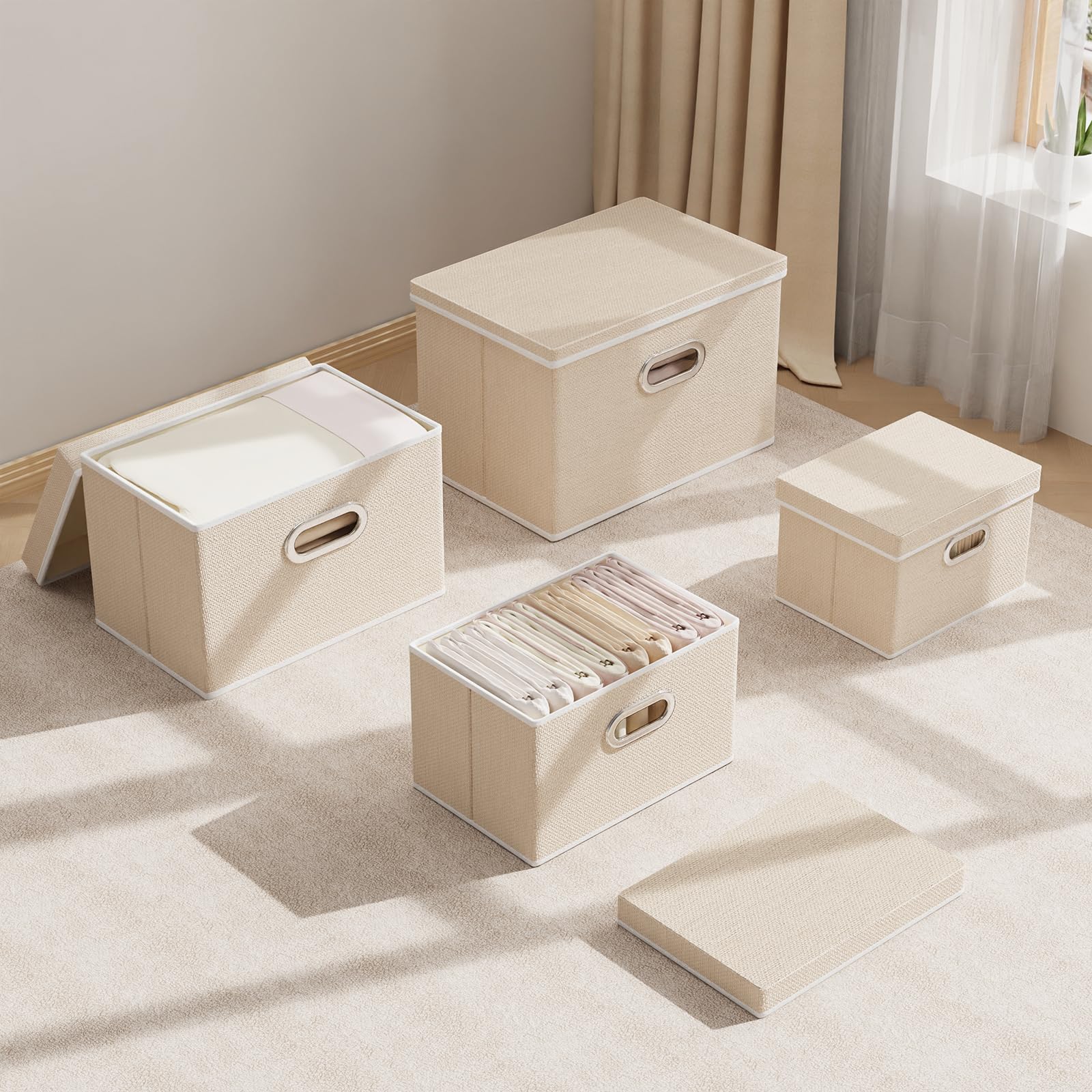 Yawinhe Scatole Portaoggetti con Coperchi, Set di 3 Lavabile, Stoccaggio in Tessuto con Manici, Contenitore per Armadio, per Conservare Vestiti, 45x30x30cm, Beige