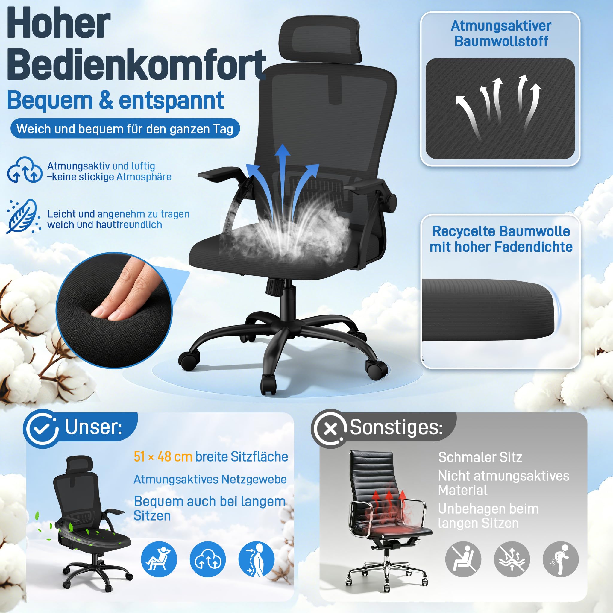 XMTECH Bürostuhl Mesh-Netzrücken klappbare Armlehnen 120kg Homeoffice | Atmungsaktives Mesh, 8 cm Polster, Sitzhöhe 43–51 cm, 105° Wippfunktion, ideal als Schreibtischstuhl, Drehstuhl, Schwarz