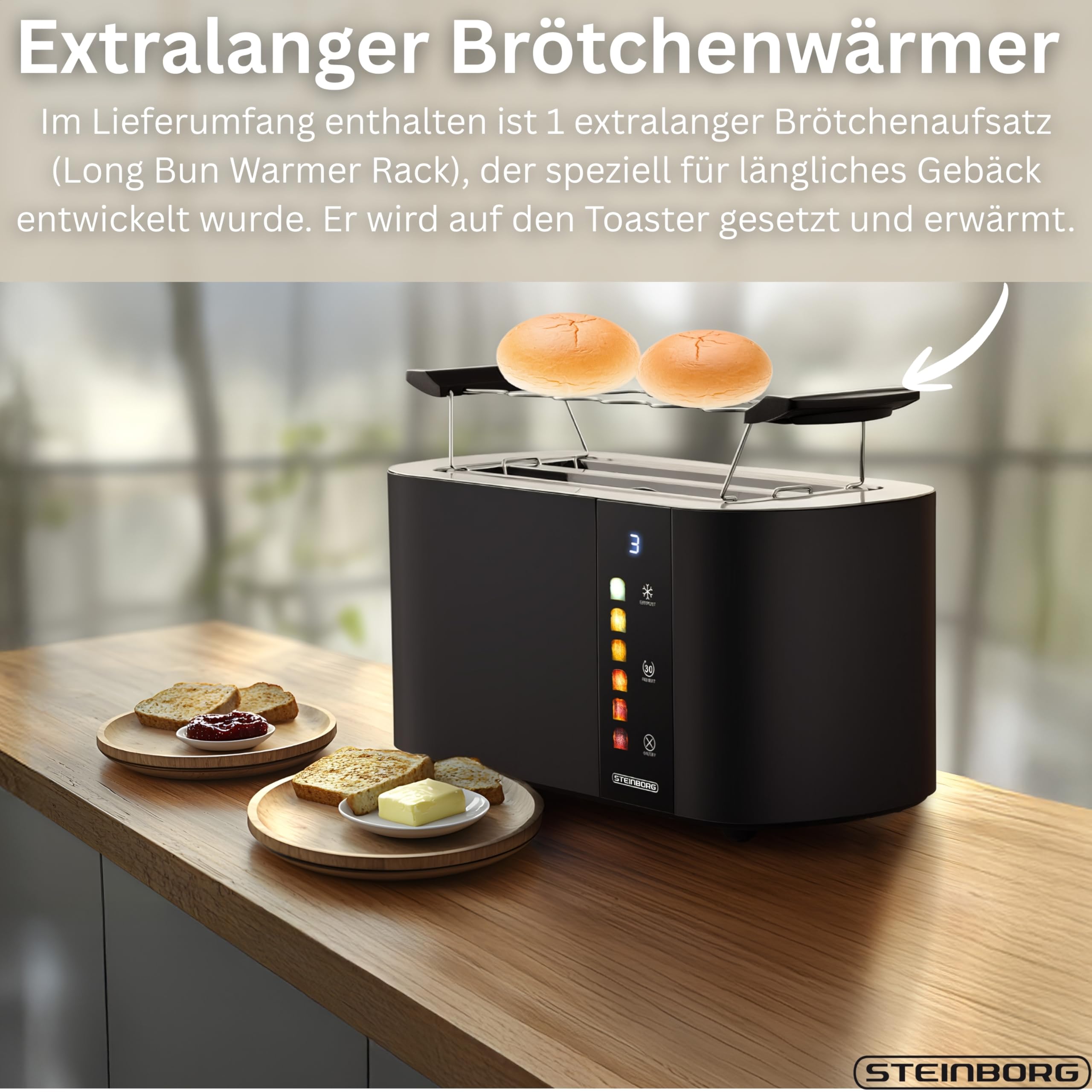 Steinborg® Automatik Toaster 4 Scheiben mit Brötchenaufsatz Langschlitztoaster Automatische Liftfunktion ohne Hebel - Toastautomat Digitales Display Brotzentrierung Restzeitanzeige Abschaltautomatik