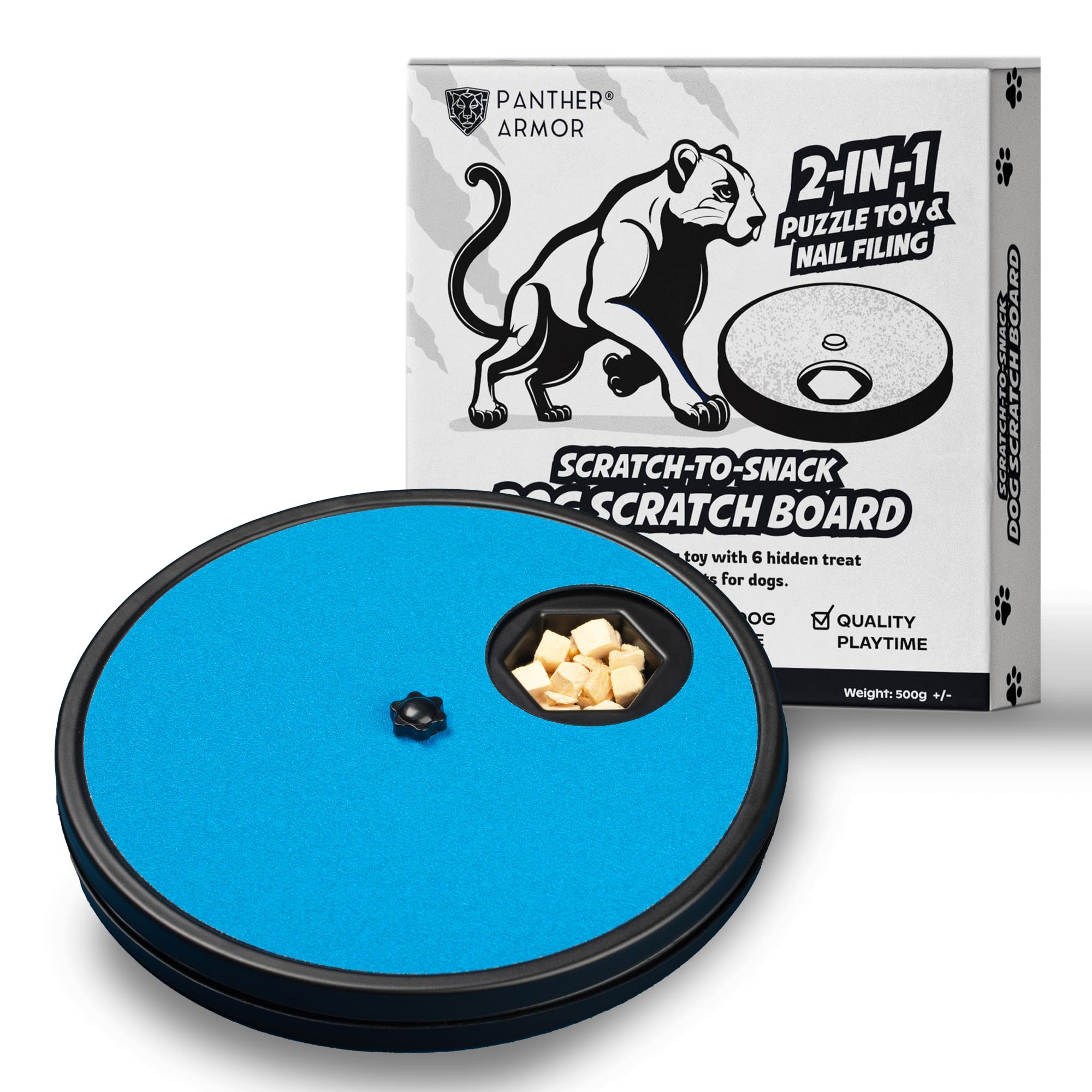 Panther Armor Scratch-to-Snack Dog Scratch Pad for Nails, File Your Dog Nails at Home, with 6X Treats Compartment, Scratch Board for Dog Scratcher (Blue)